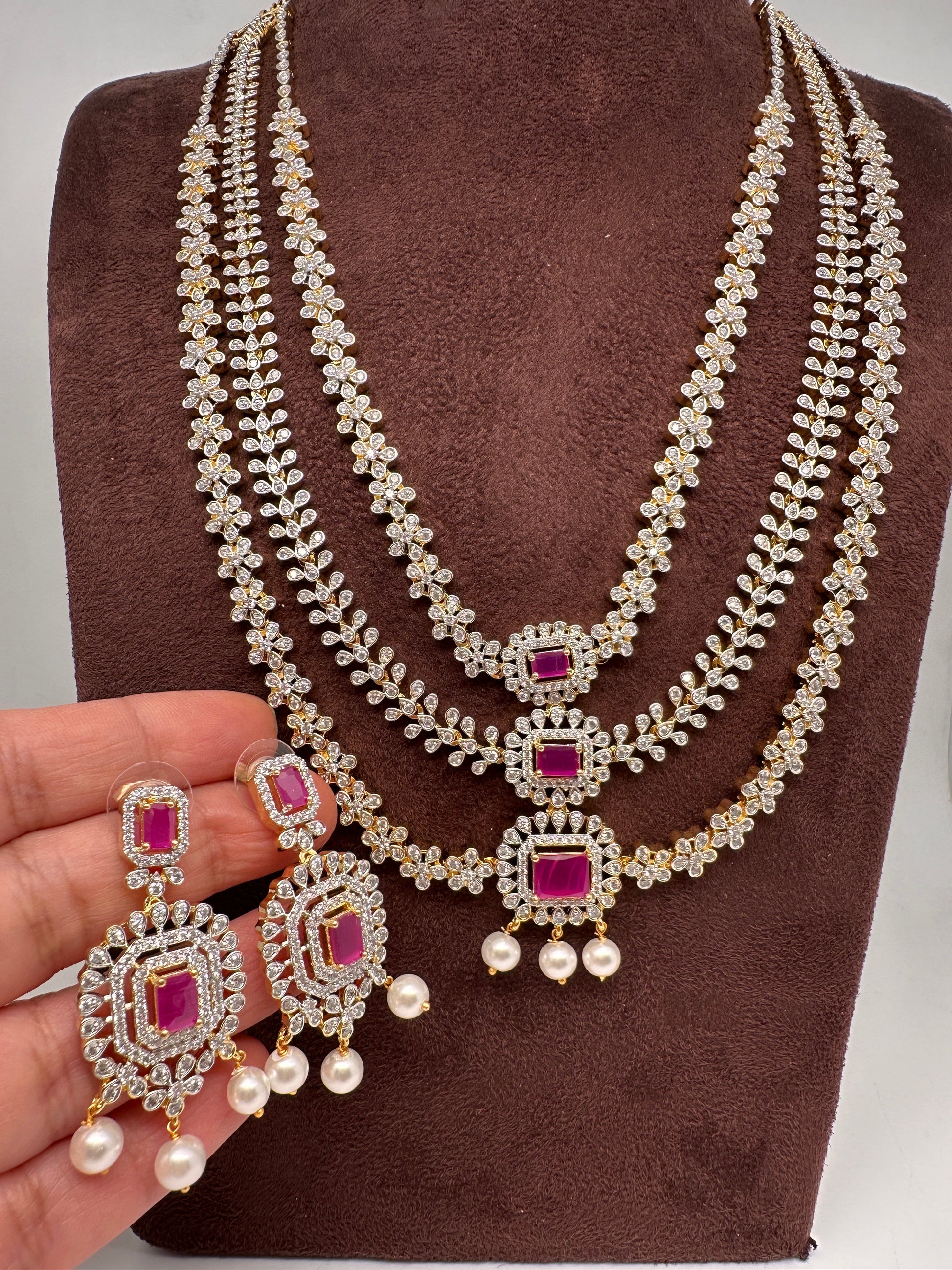 AD  Color Stone Diamond Finish Multi Layer Long  Necklace - Red
