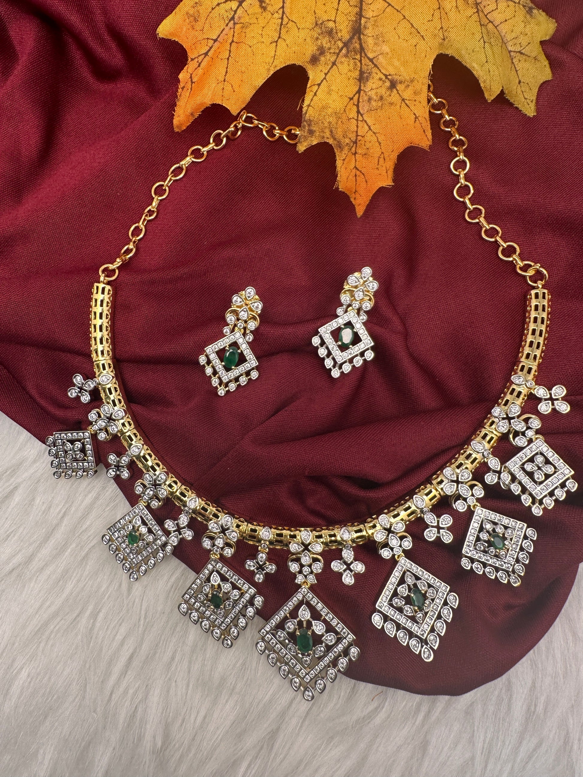 AD  Color Stone Diamond Finish Kanti Short Necklace - Green