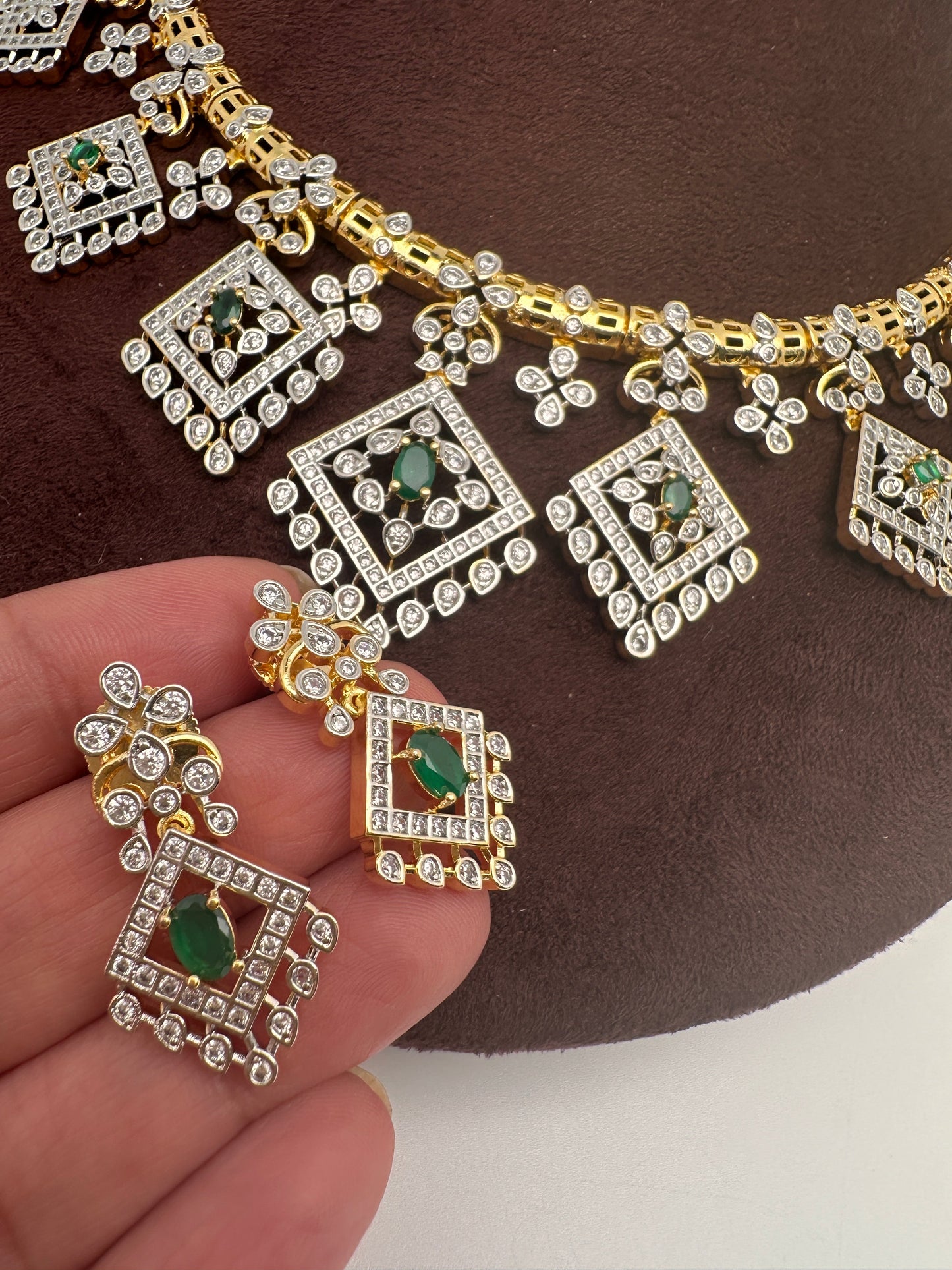 AD  Color Stone Diamond Finish Kanti Short Necklace - Green