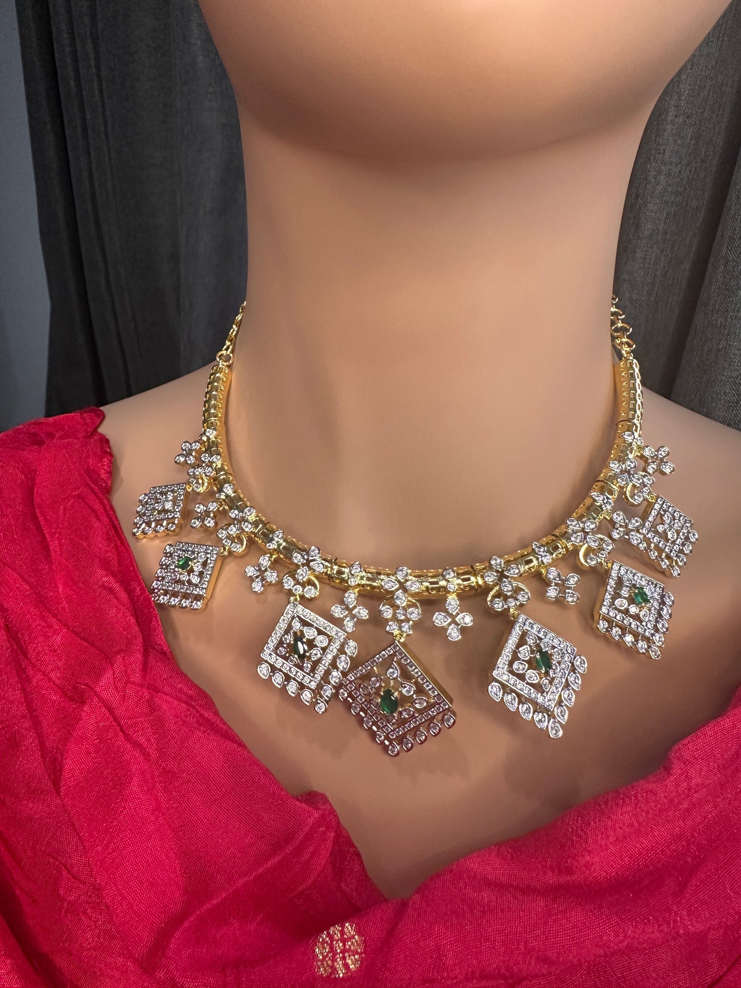 AD  Color Stone Diamond Finish Kanti Short Necklace - Green