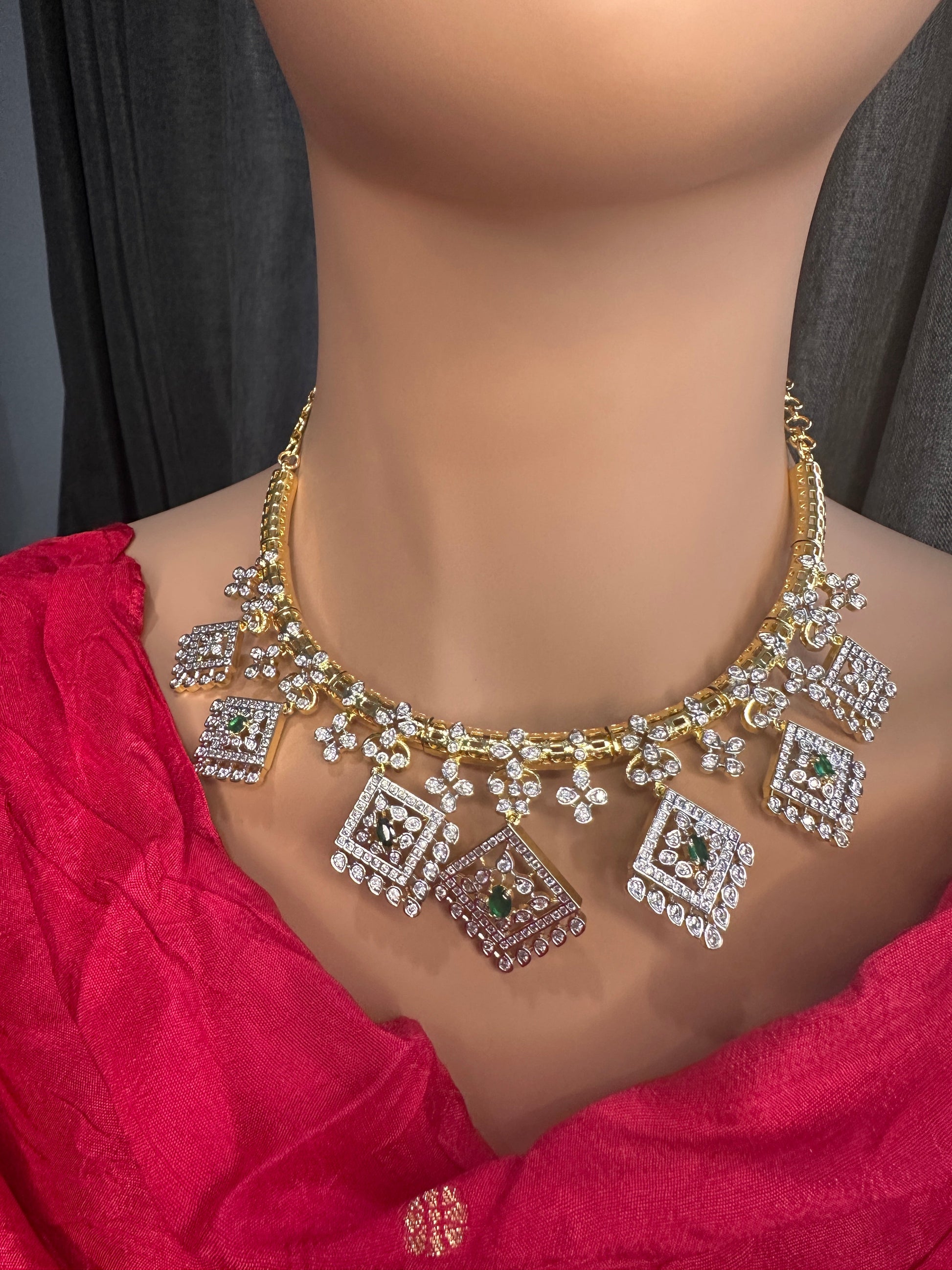 AD  Color Stone Diamond Finish Kanti Short Necklace - Green