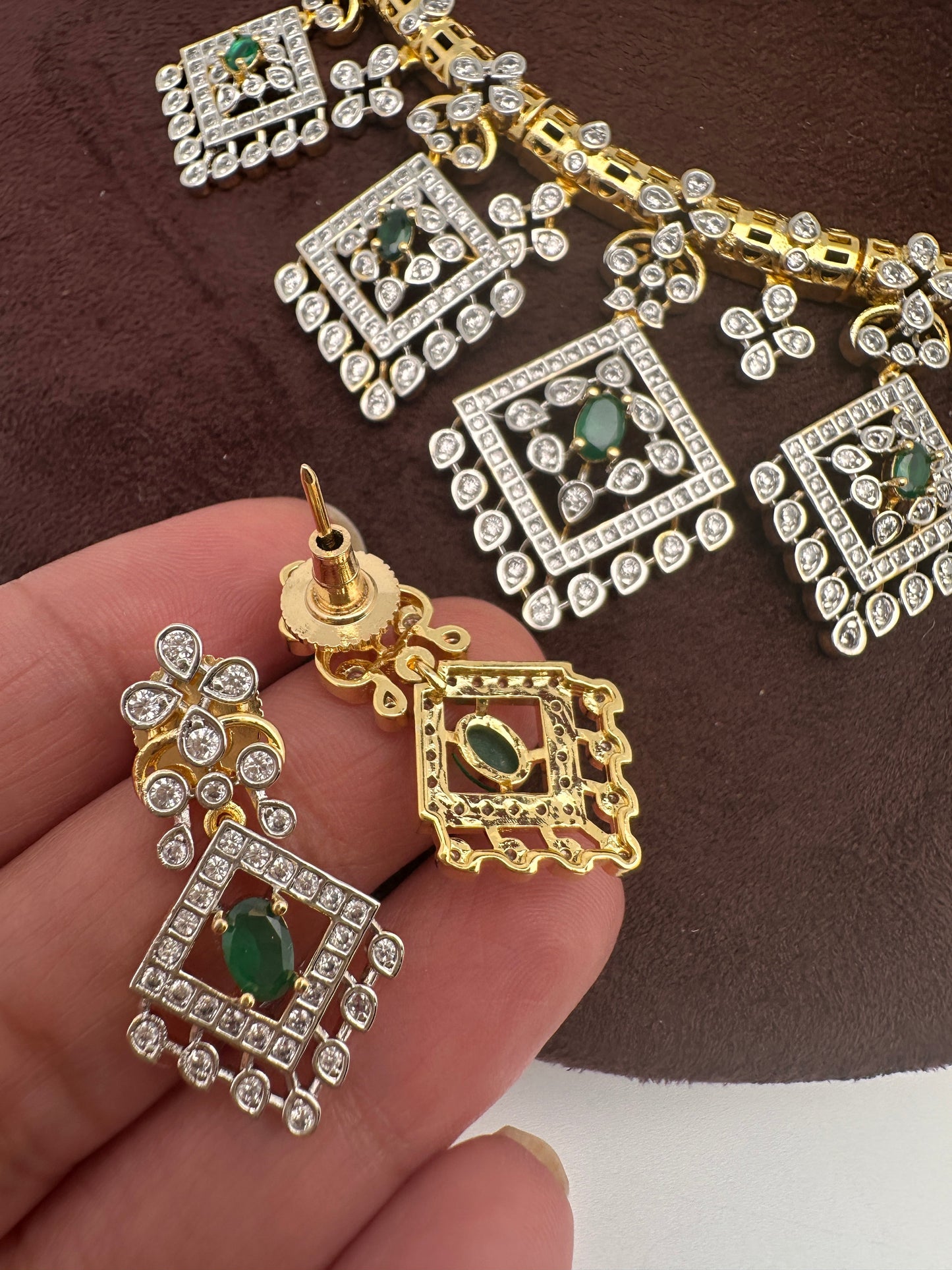 AD  Color Stone Diamond Finish Kanti Short Necklace - Green