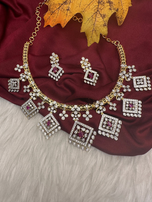 AD  Color Stone Diamond Finish Kanti Short Necklace - Red