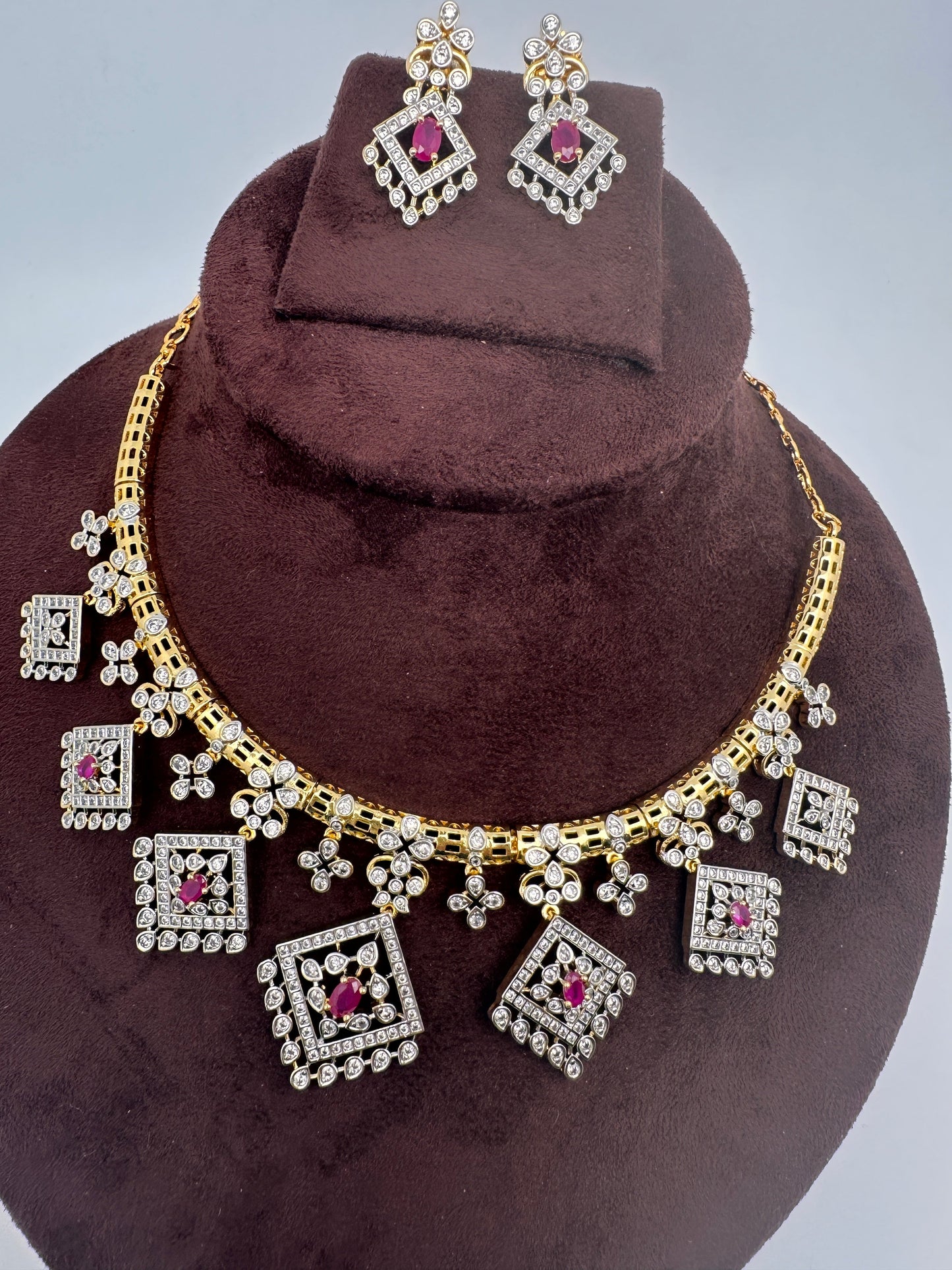 AD  Color Stone Diamond Finish Kanti Short Necklace - Red