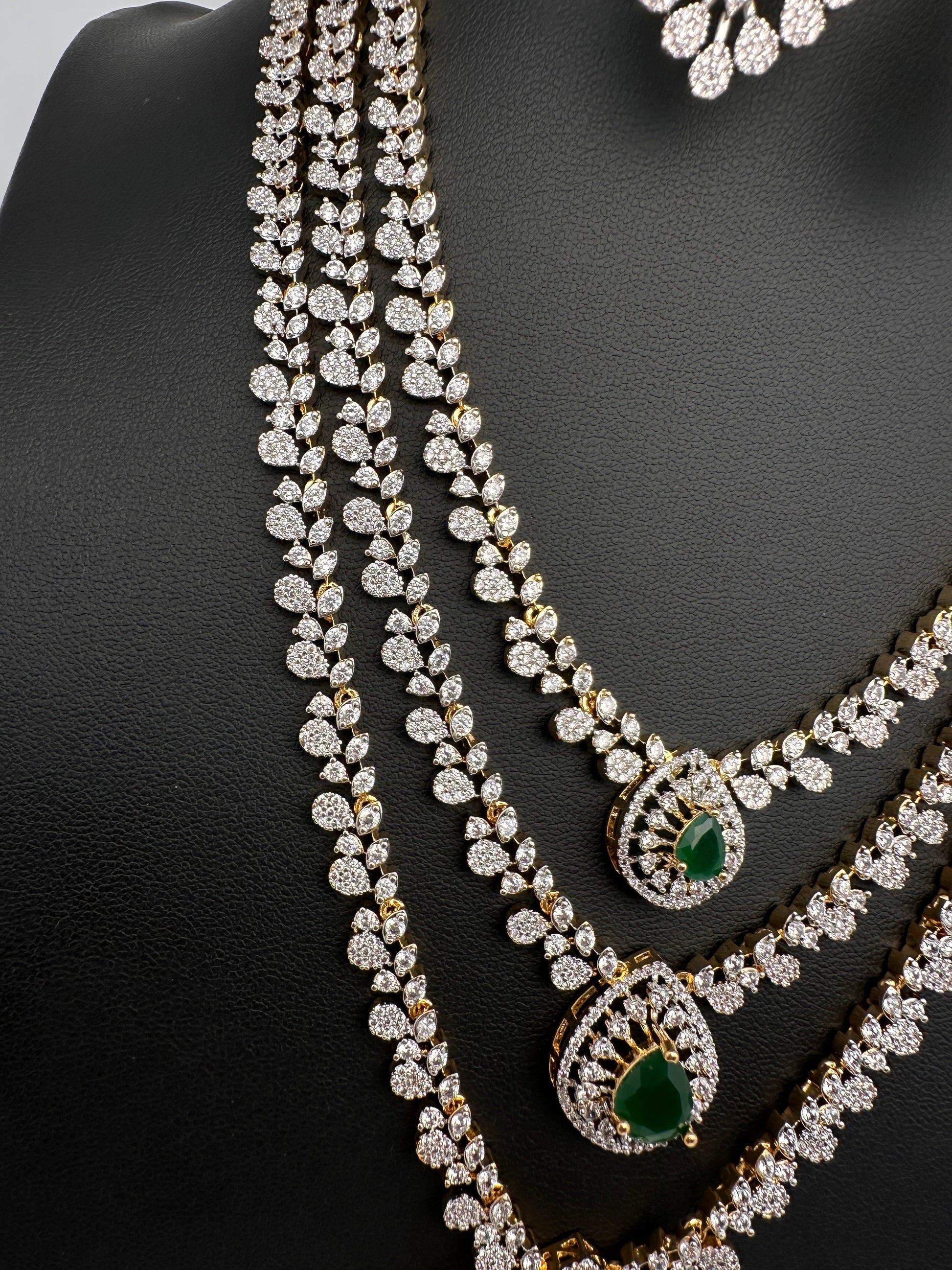 AD  Color Stone Diamond Finish Multi Layer Short Necklace - Green