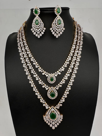 AD  Color Stone Diamond Finish Multi Layer Short Necklace - Green