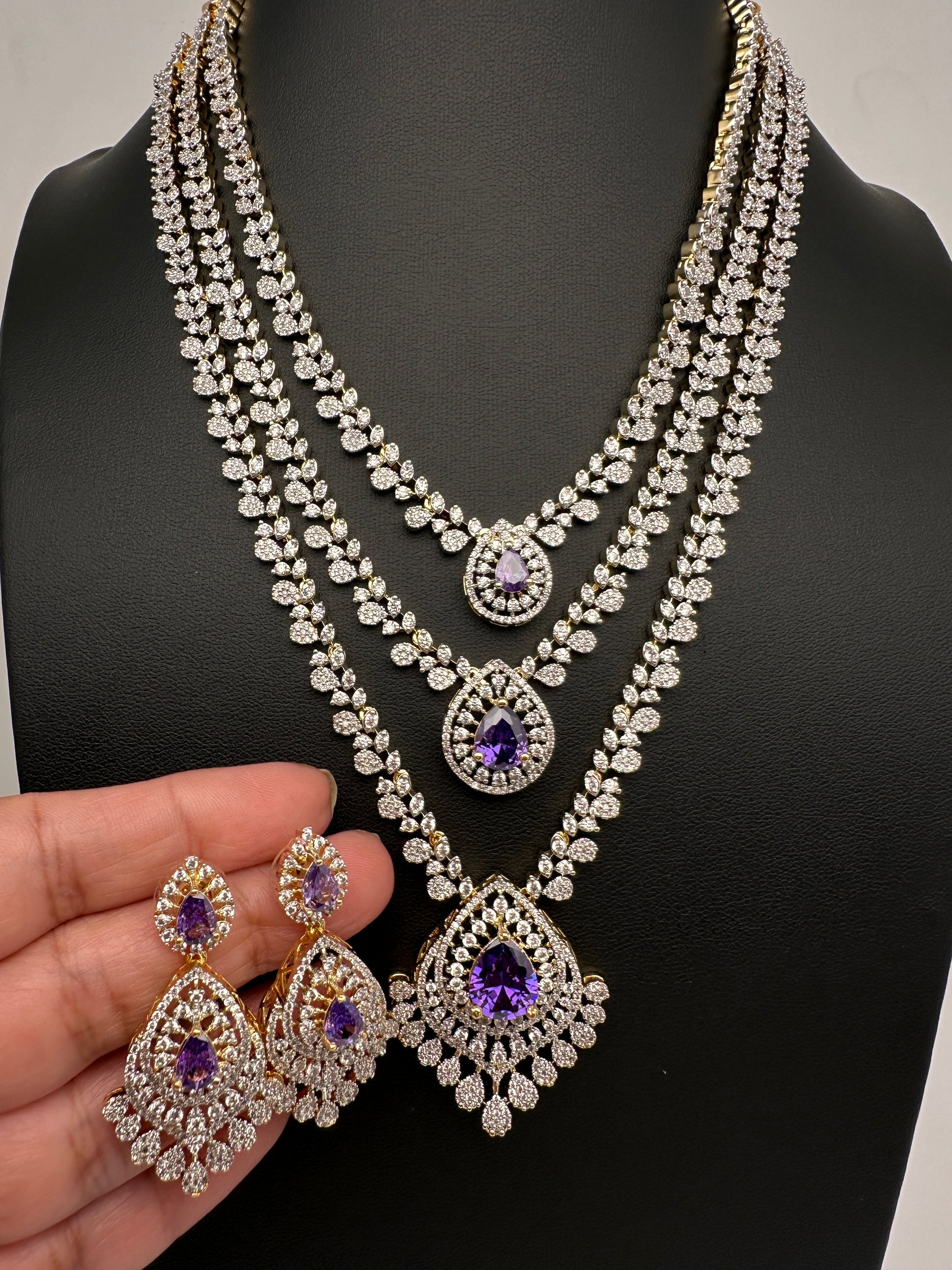 AD  Color Stone Diamond Finish Multi Layer Short Necklace - Purple