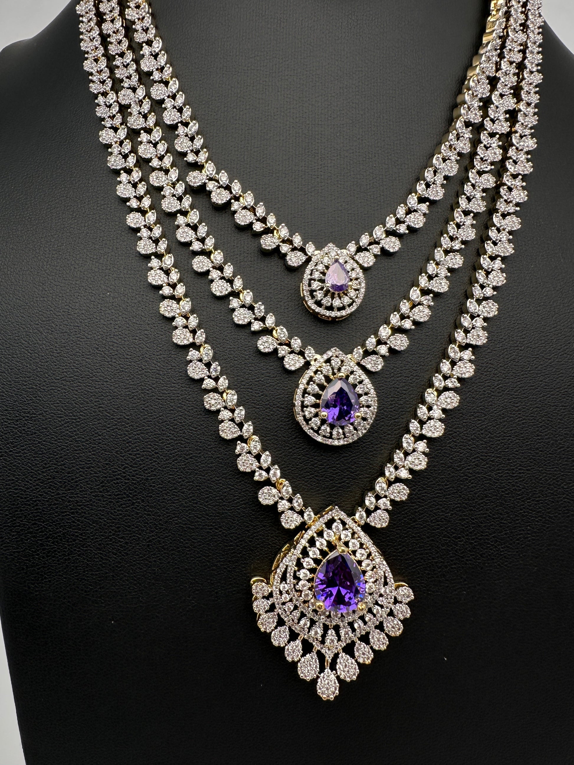 AD  Color Stone Diamond Finish Multi Layer Short Necklace - Purple
