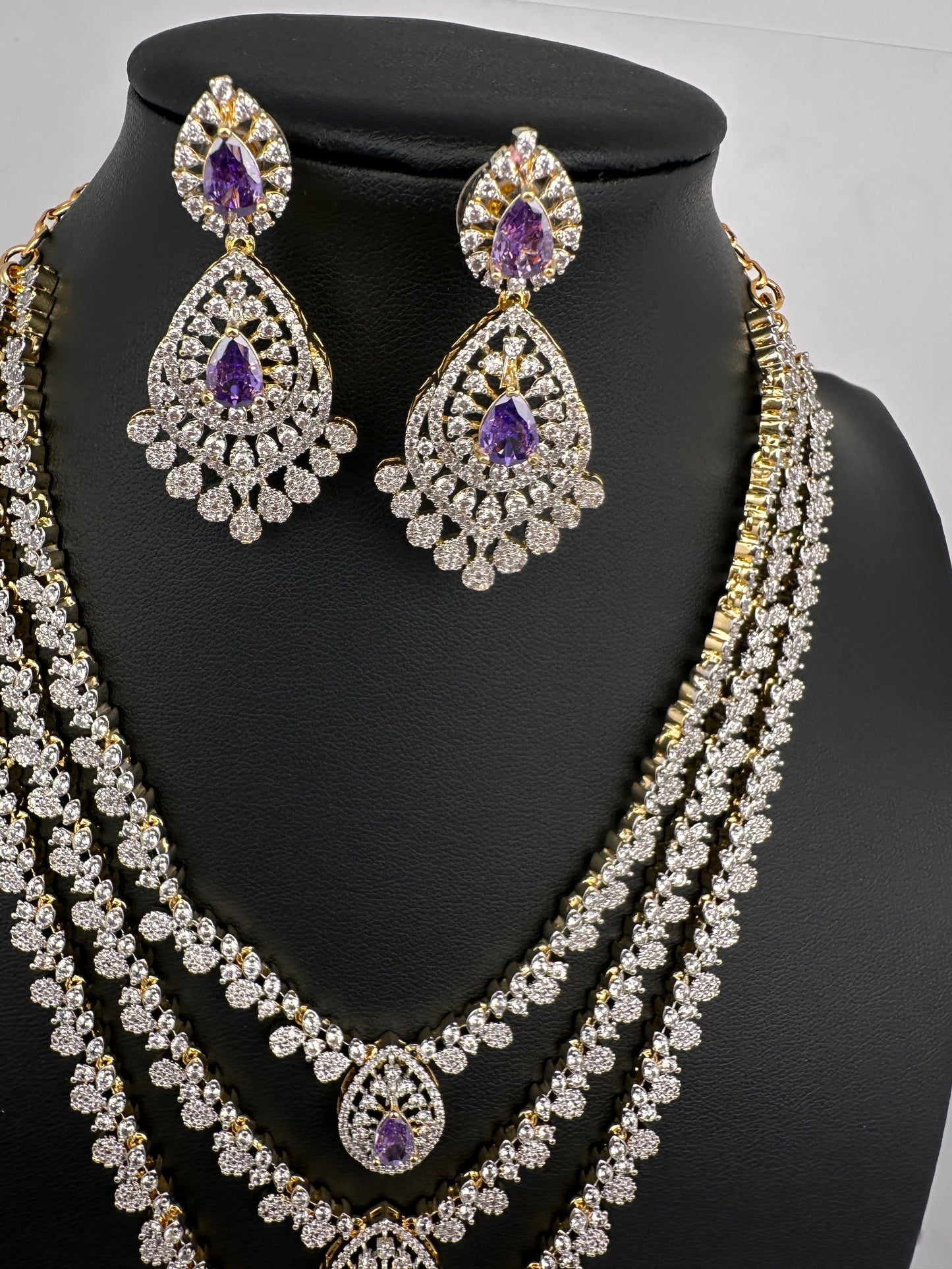 AD  Color Stone Diamond Finish Multi Layer Short Necklace - Purple