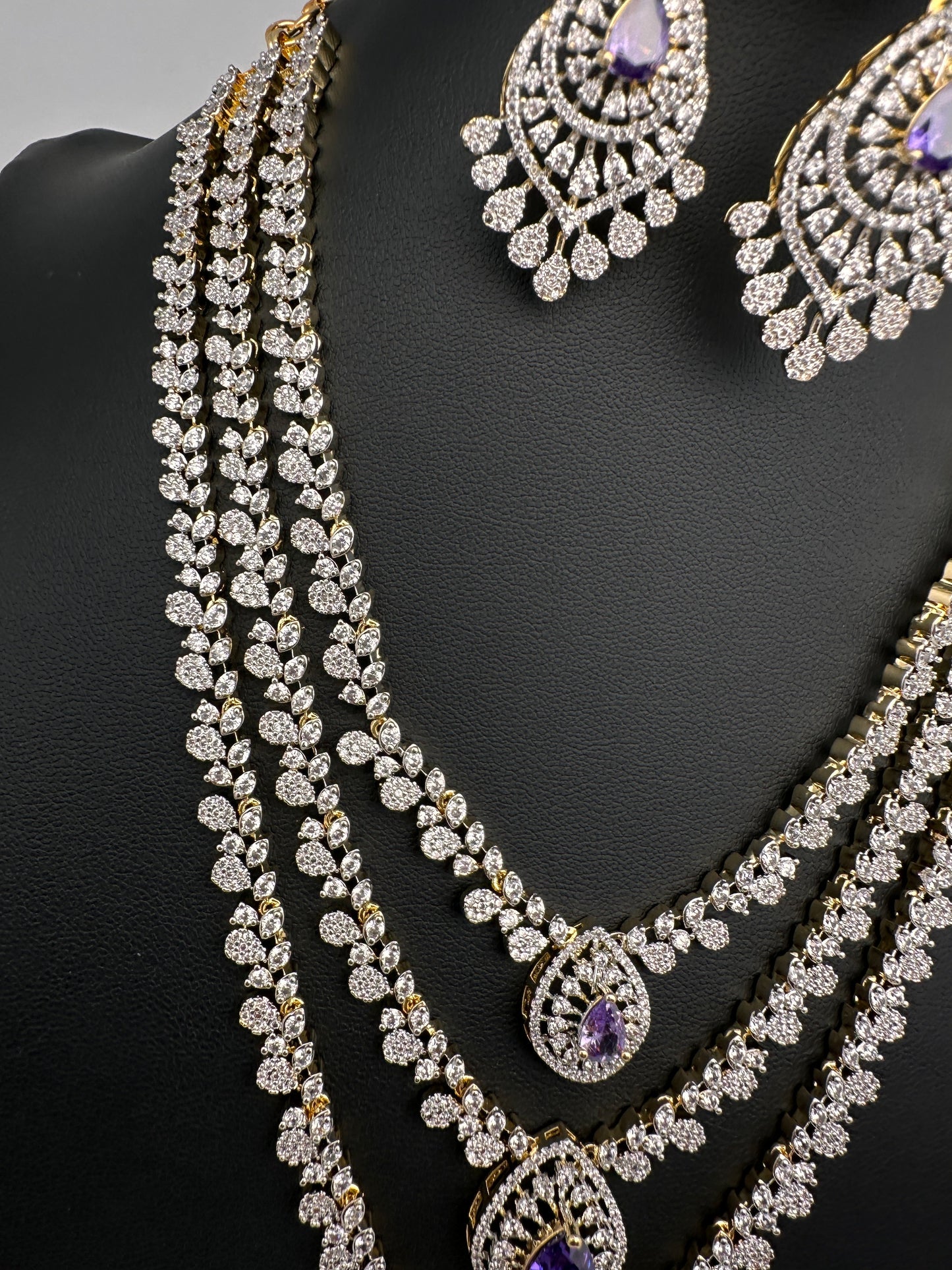 AD  Color Stone Diamond Finish Multi Layer Short Necklace - Purple