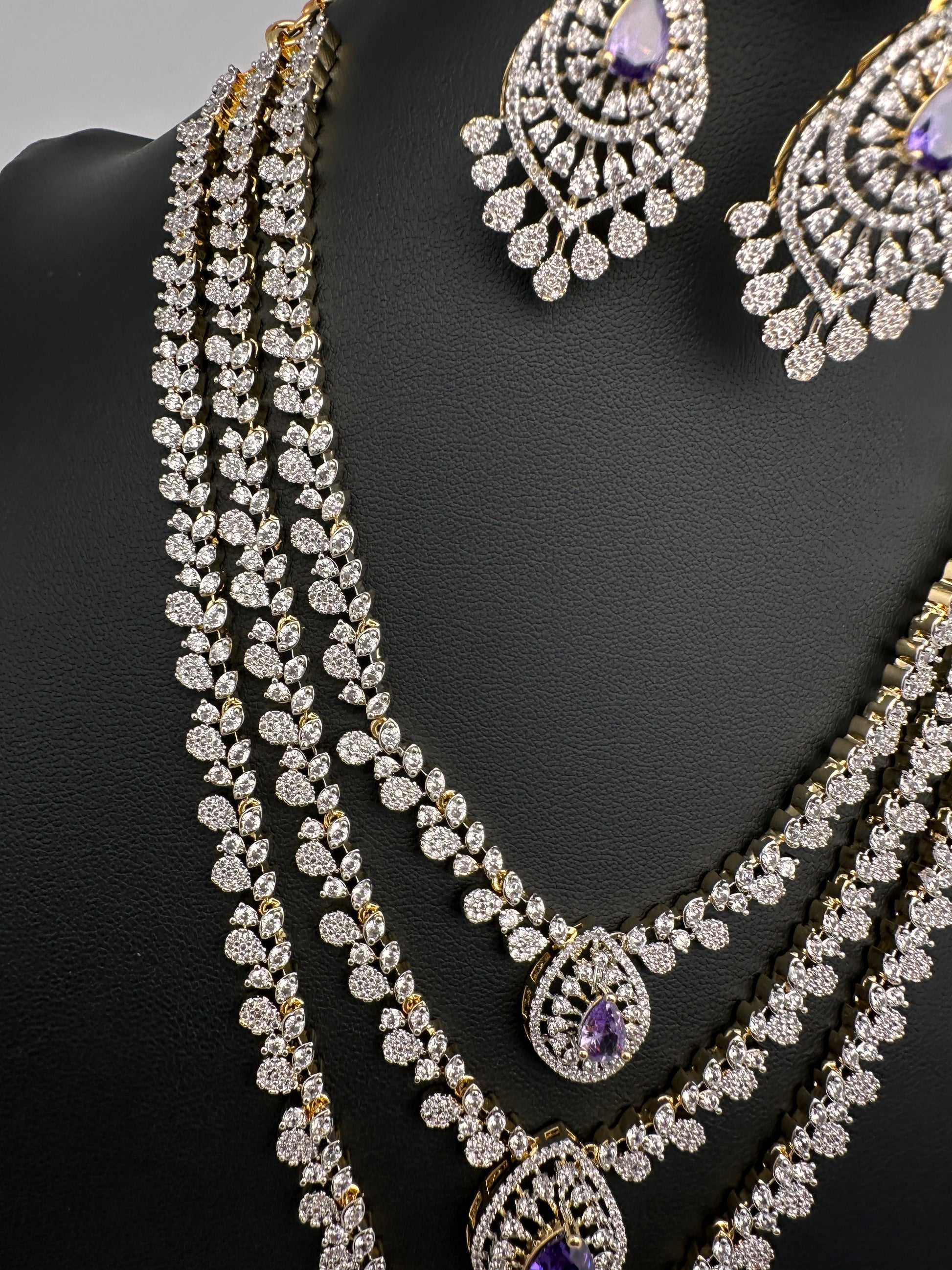 AD  Color Stone Diamond Finish Multi Layer Short Necklace - Purple