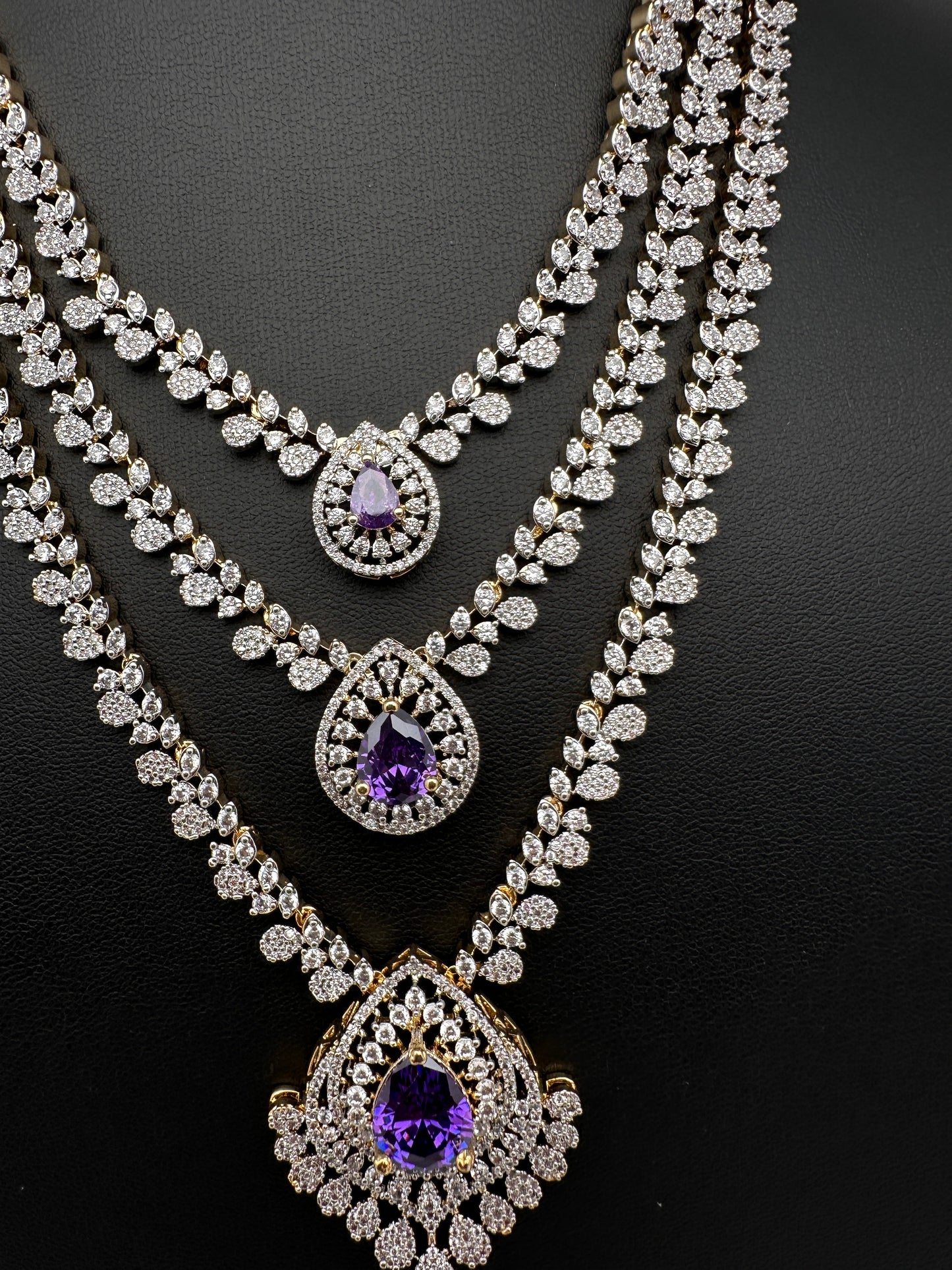 AD  Color Stone Diamond Finish Multi Layer Short Necklace - Purple