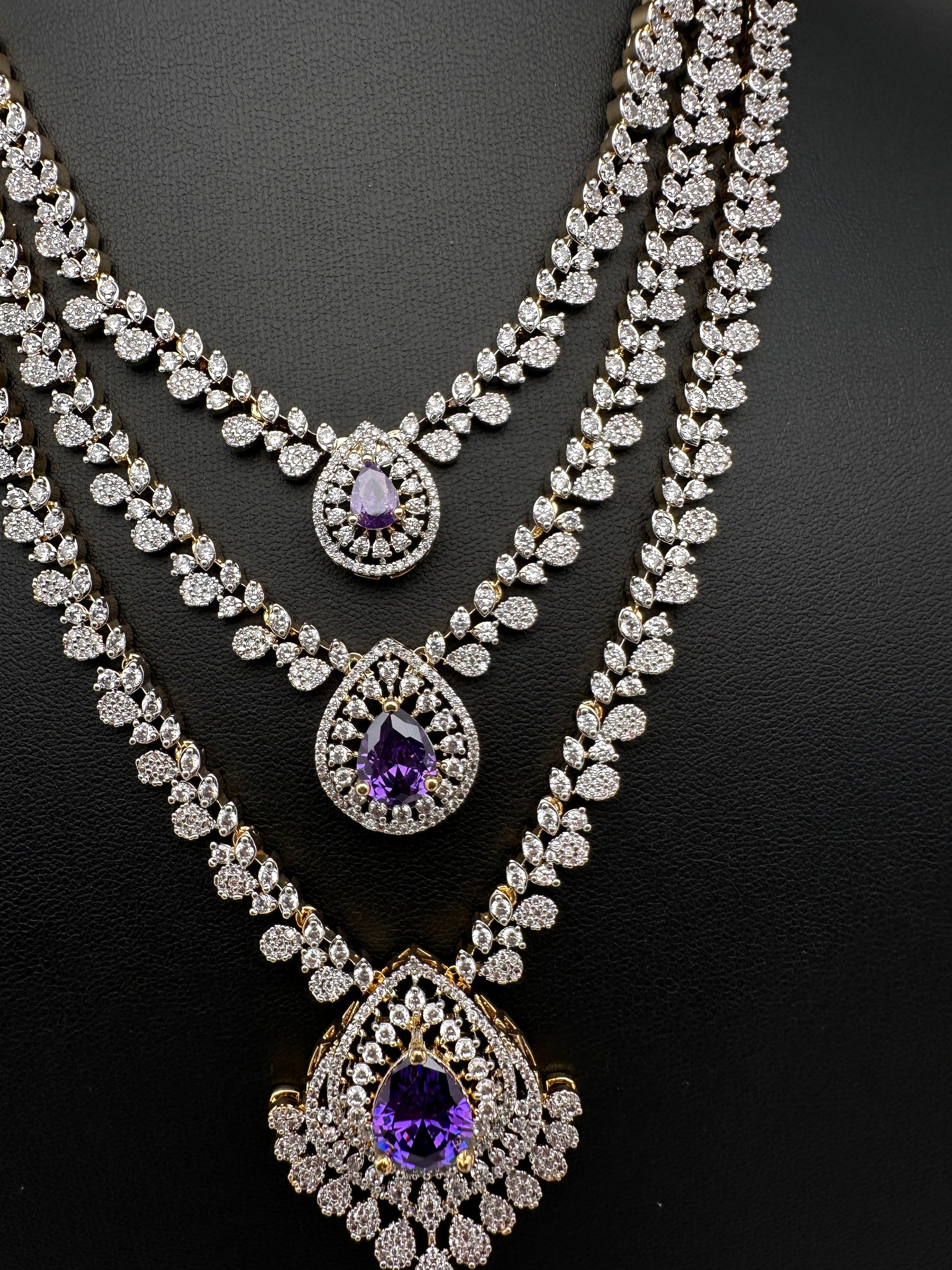 AD  Color Stone Diamond Finish Multi Layer Short Necklace - Purple