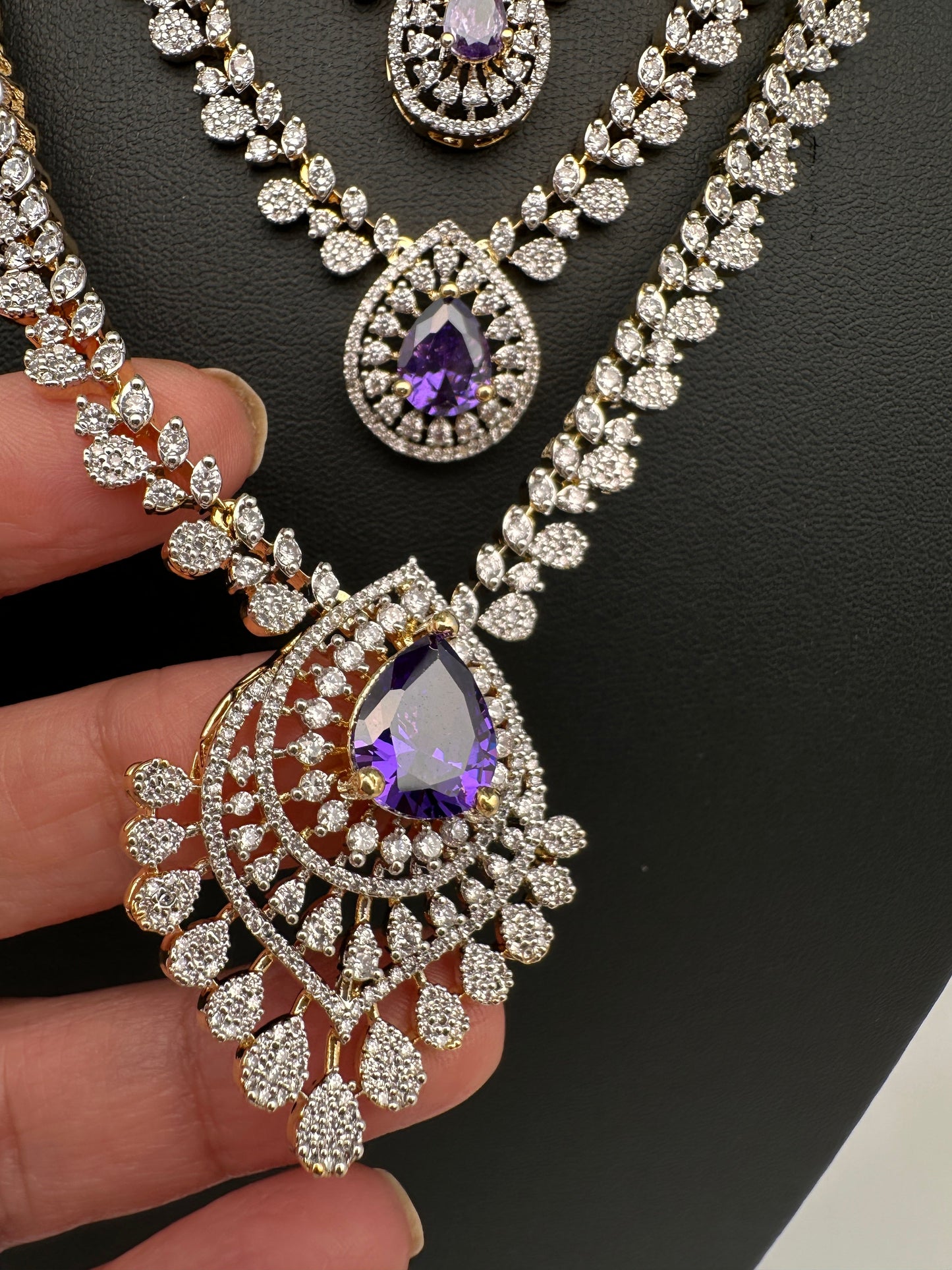 AD  Color Stone Diamond Finish Multi Layer Short Necklace - Purple