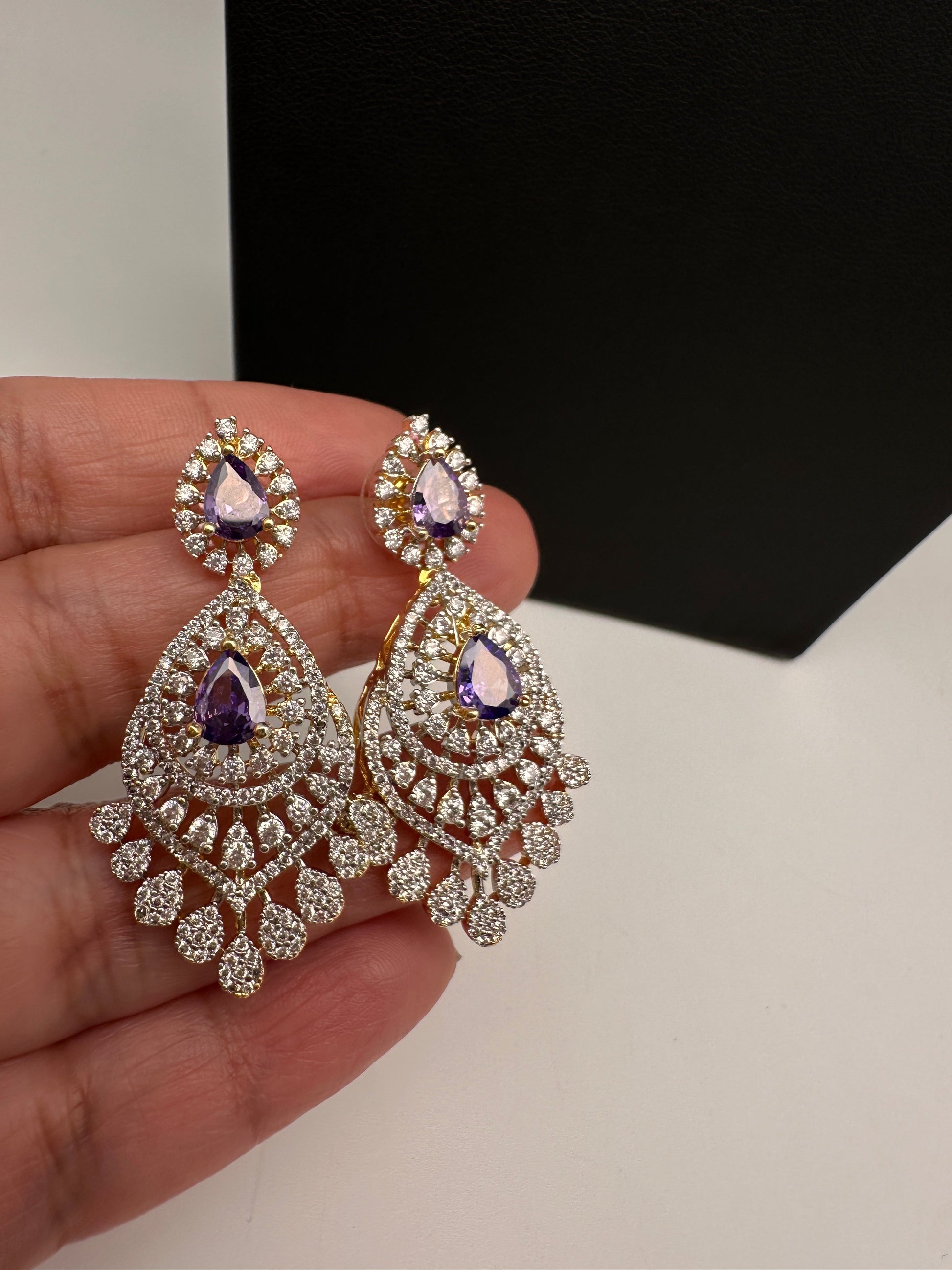 AD  Color Stone Diamond Finish Multi Layer Short Necklace - Purple