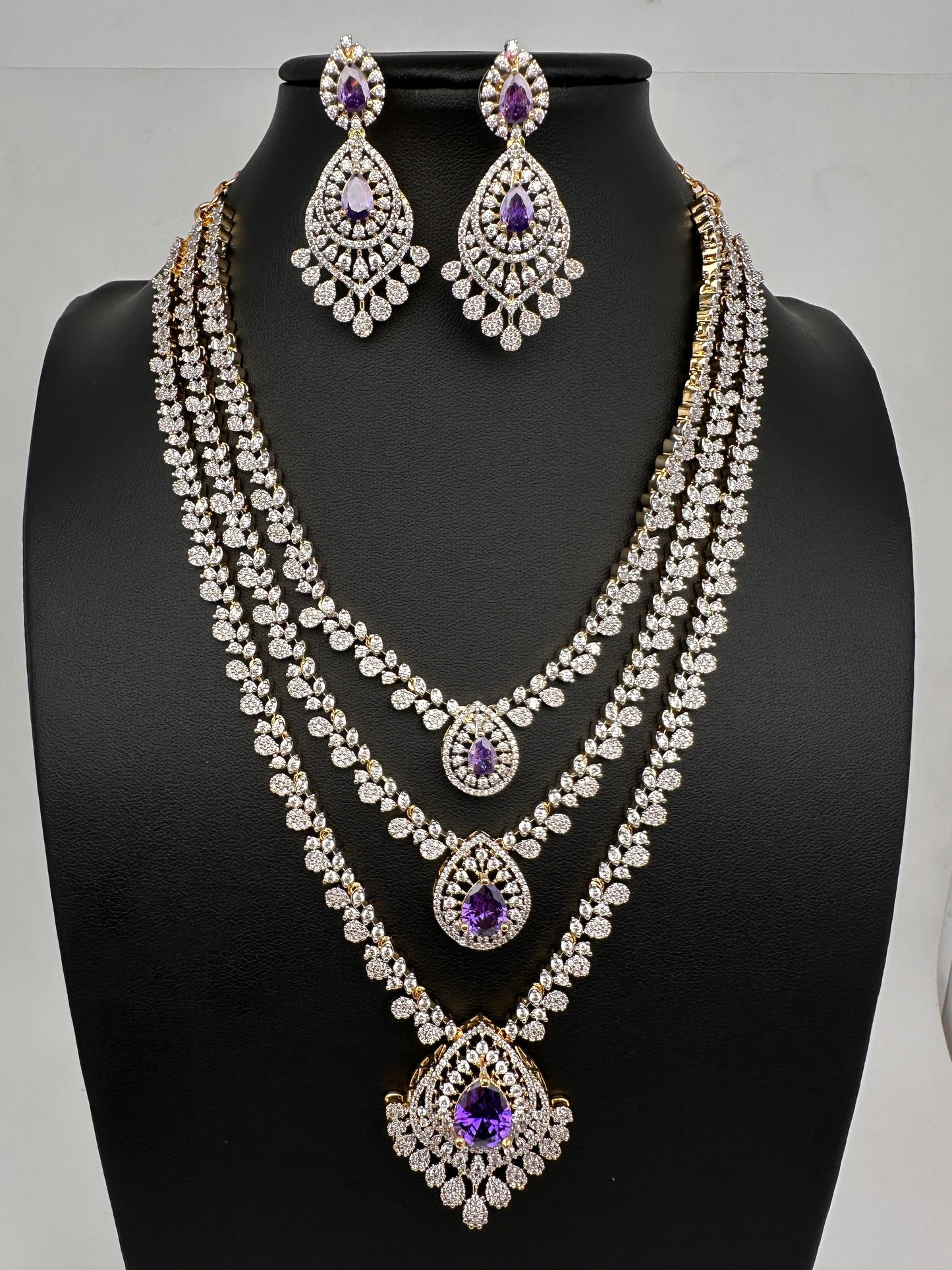 AD  Color Stone Diamond Finish Multi Layer Short Necklace - Purple