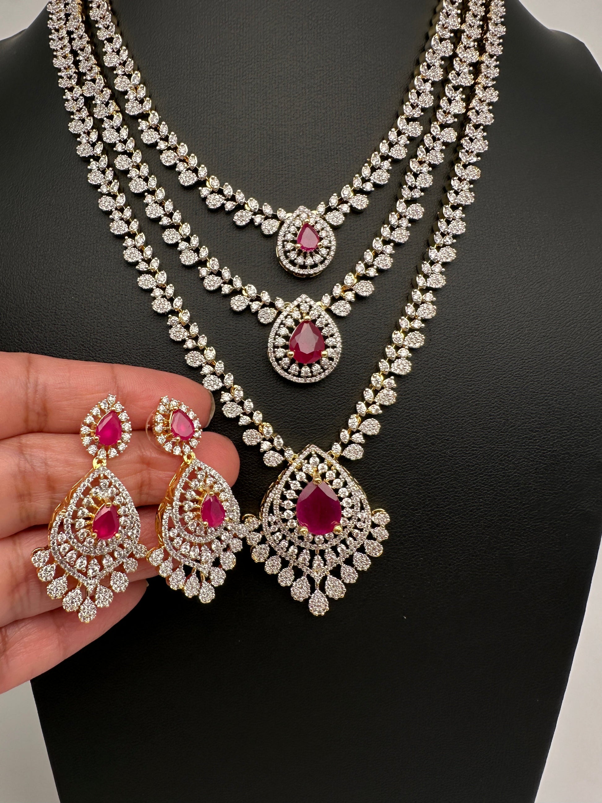 AD  Color Stone Diamond Finish Multi Layer Short Necklace - Red