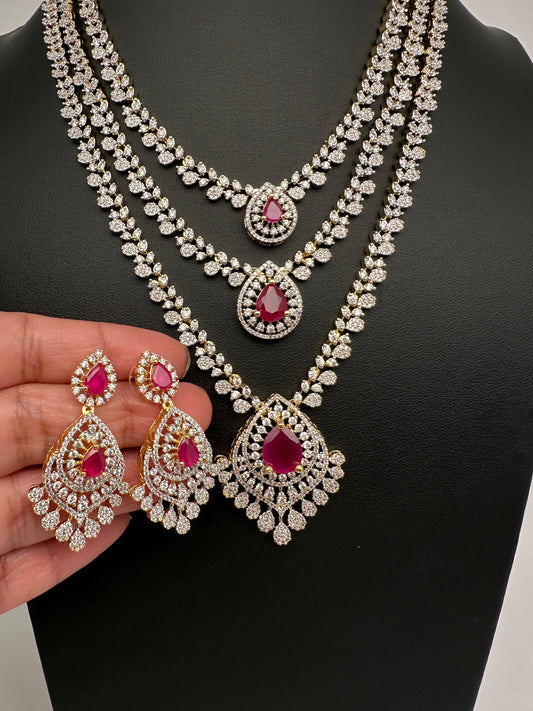 AD  Color Stone Diamond Finish Multi Layer Short Necklace - Red
