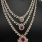 AD  Color Stone Diamond Finish Multi Layer Short Necklace - Red