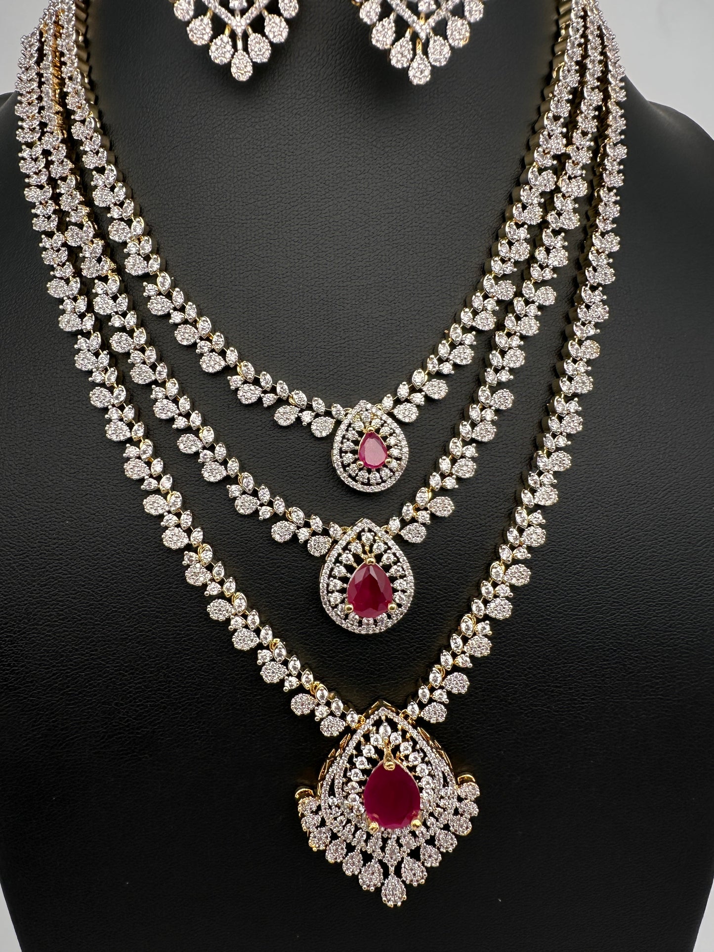 AD  Color Stone Diamond Finish Multi Layer Short Necklace - Red
