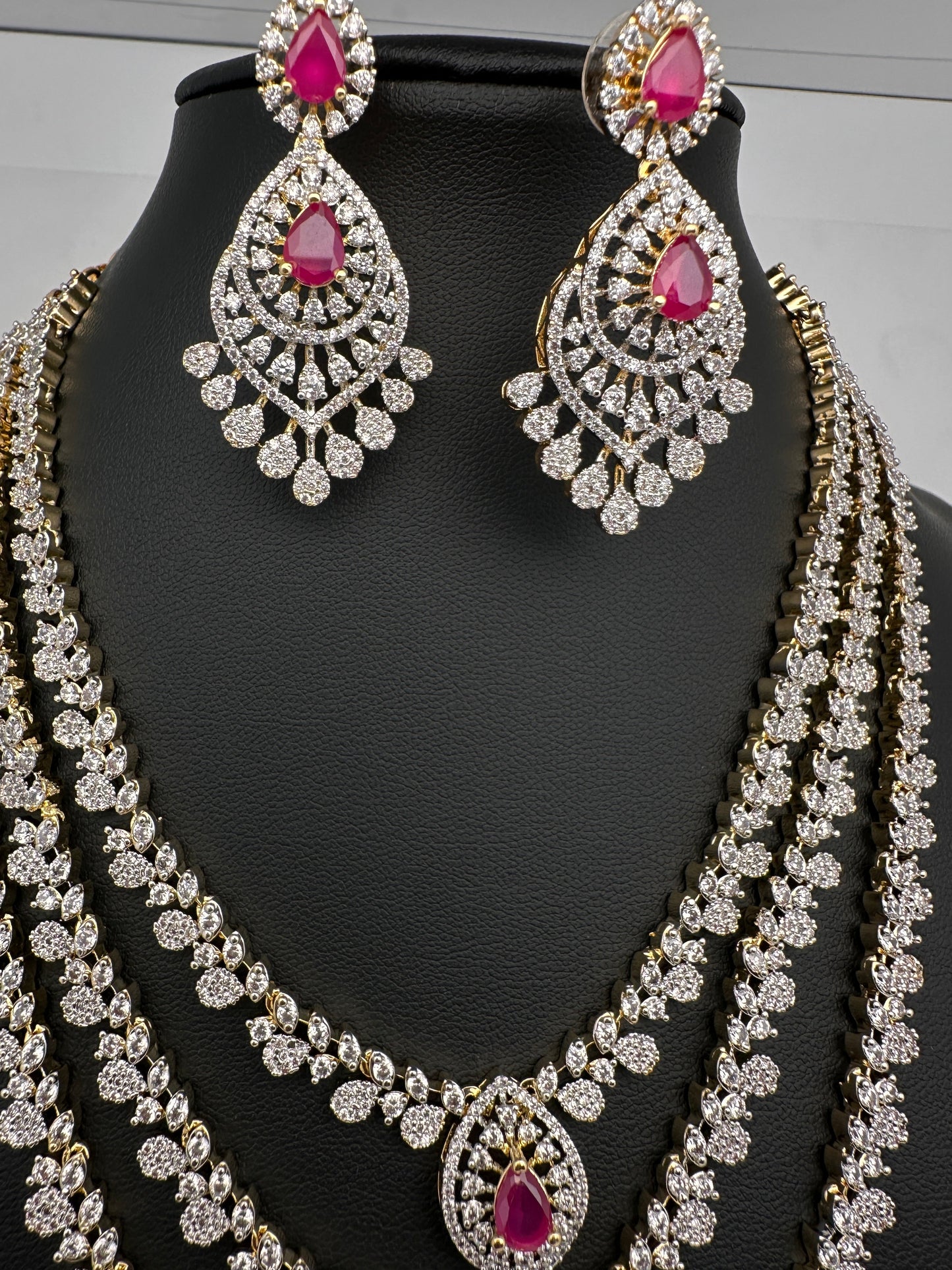 AD  Color Stone Diamond Finish Multi Layer Short Necklace - Red