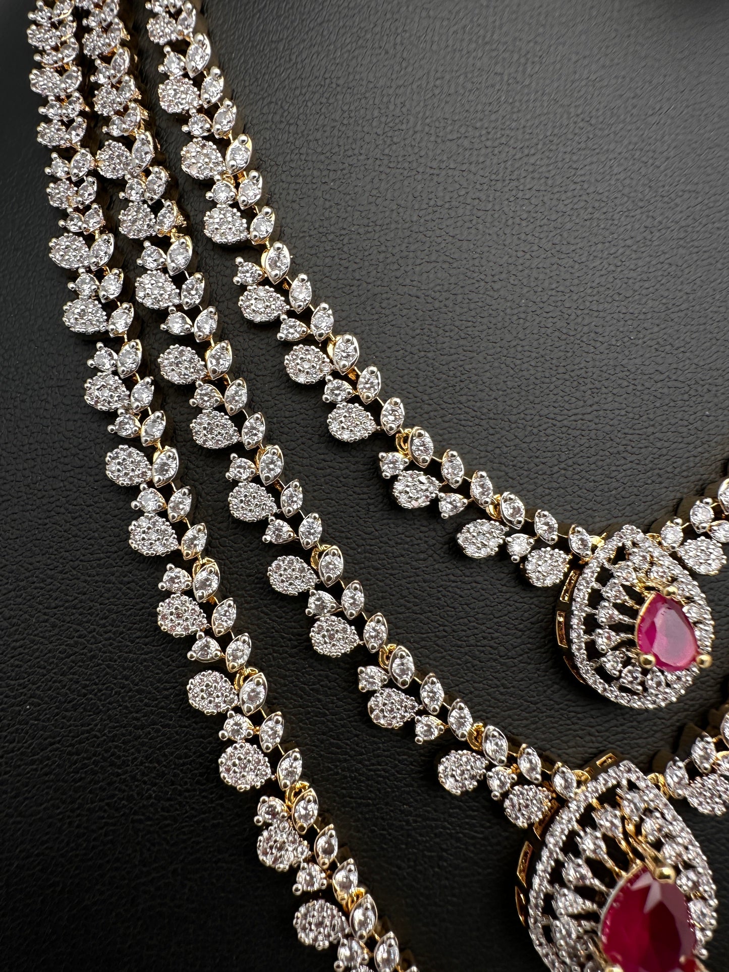 AD  Color Stone Diamond Finish Multi Layer Short Necklace - Red