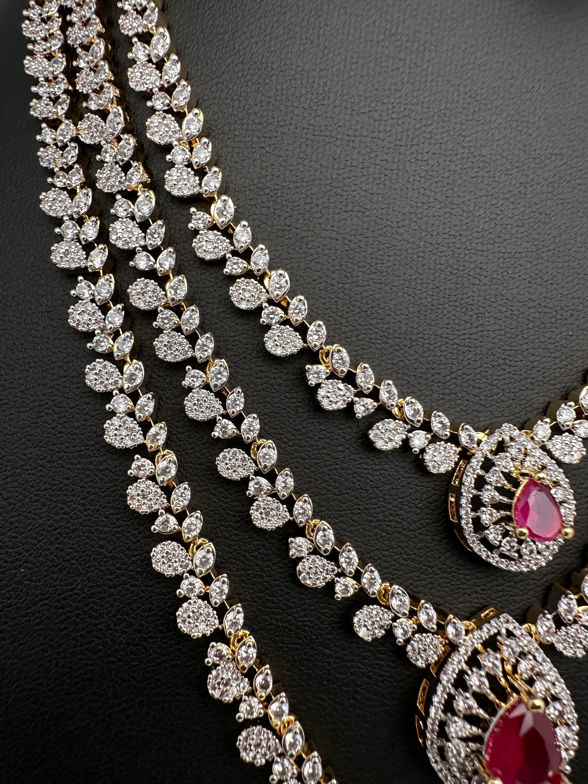 AD  Color Stone Diamond Finish Multi Layer Short Necklace - Red