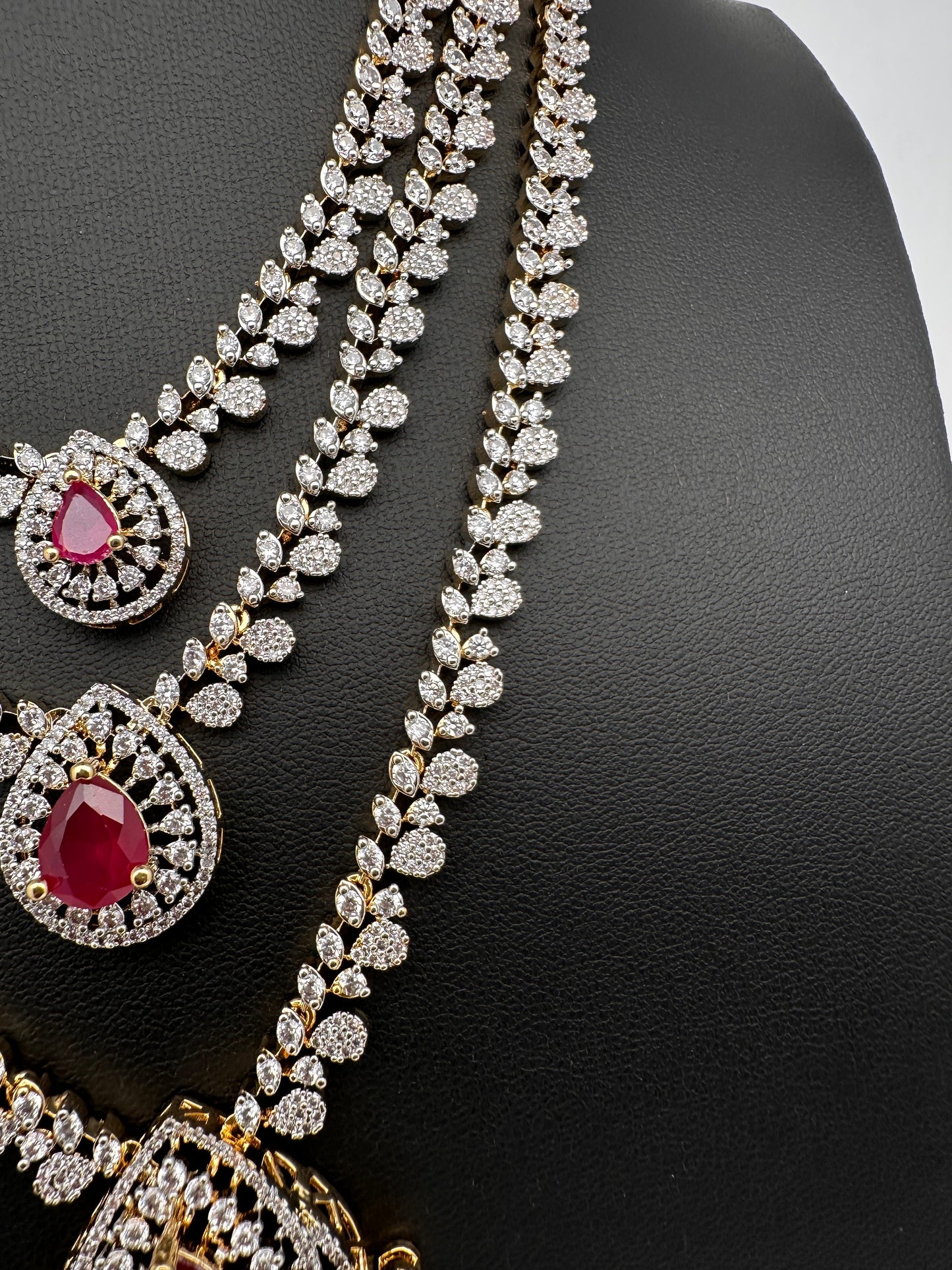 AD  Color Stone Diamond Finish Multi Layer Short Necklace - Red