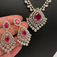 AD  Color Stone Diamond Finish Multi Layer Short Necklace - Red