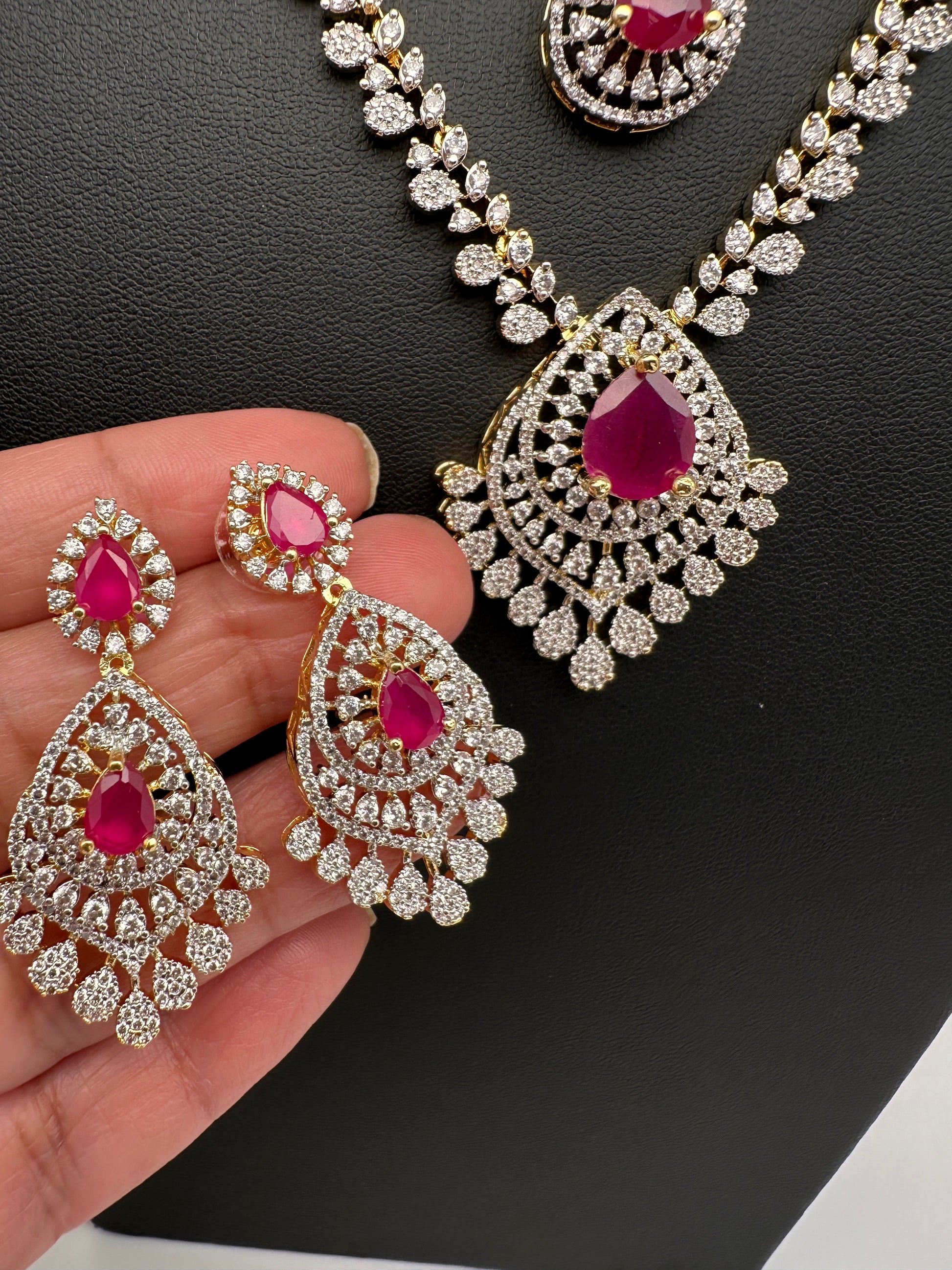 AD  Color Stone Diamond Finish Multi Layer Short Necklace - Red