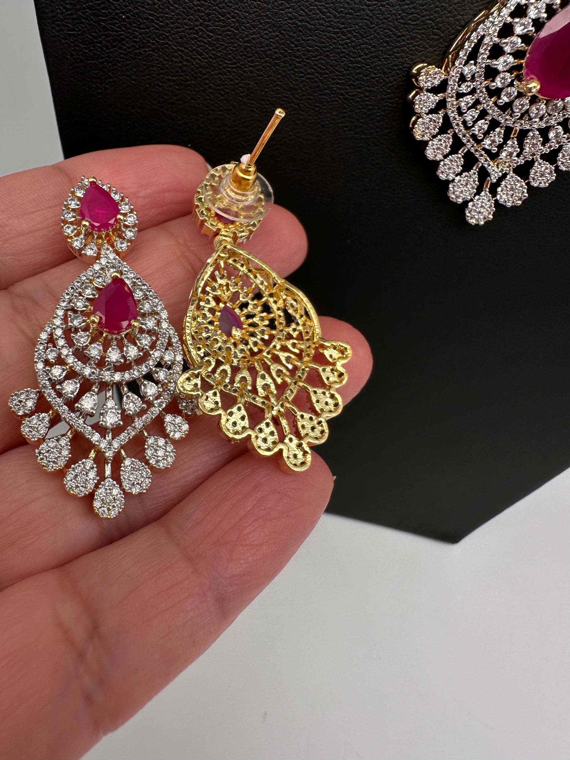 AD  Color Stone Diamond Finish Multi Layer Short Necklace - Red