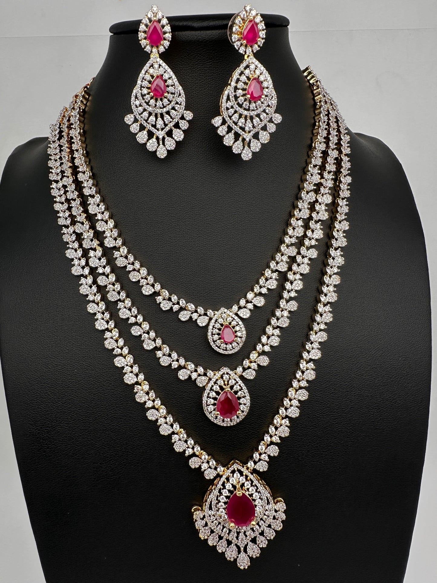 AD  Color Stone Diamond Finish Multi Layer Short Necklace - Red