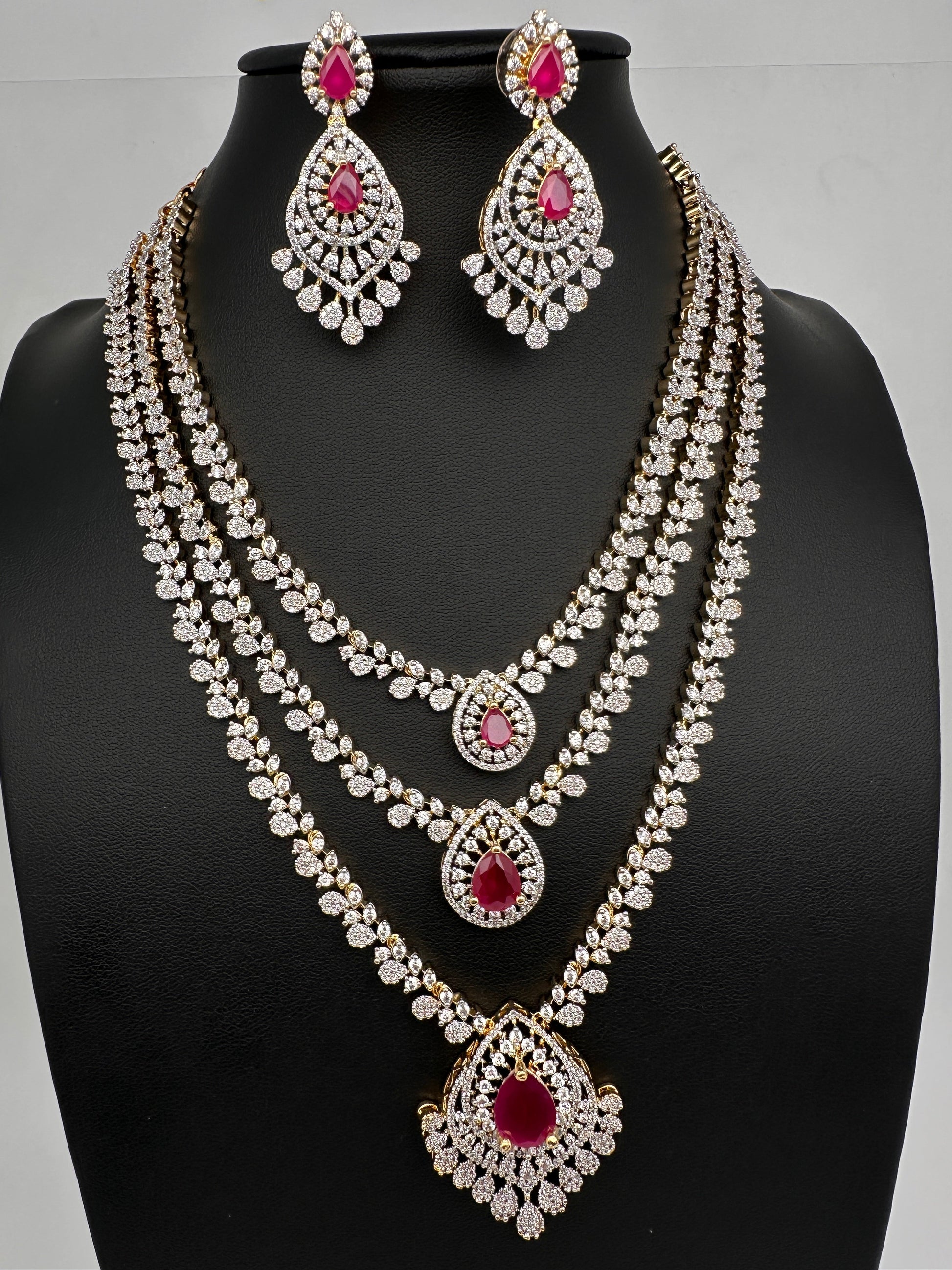 AD  Color Stone Diamond Finish Multi Layer Short Necklace - Red