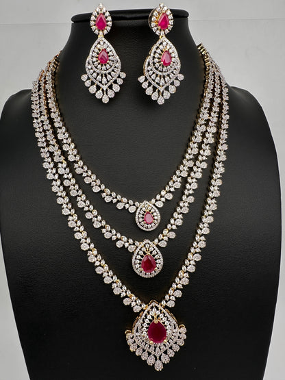 AD  Color Stone Diamond Finish Multi Layer Short Necklace - Red