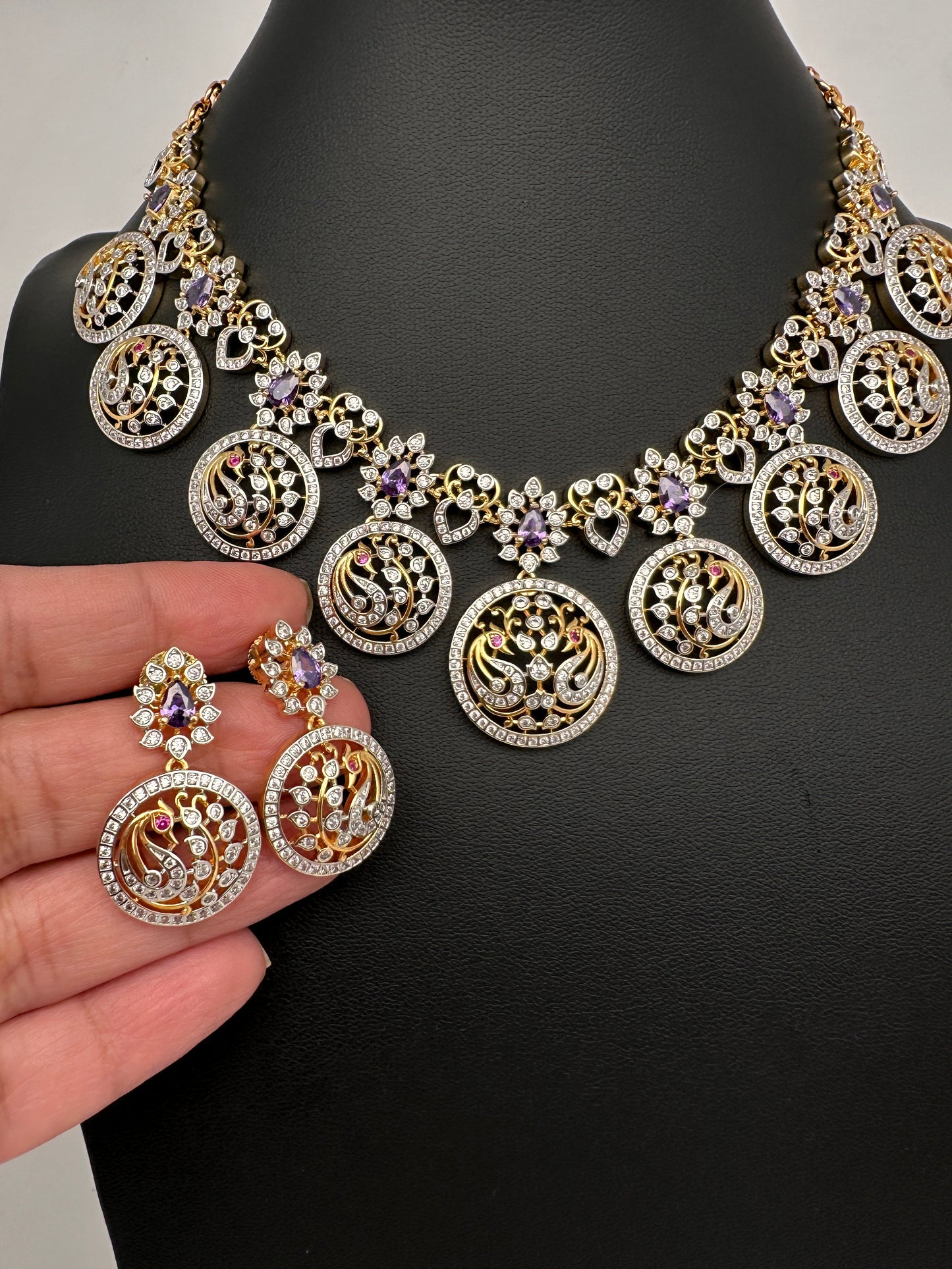 AD  Peacock Bottu Color Stone Short Necklace - Purple
