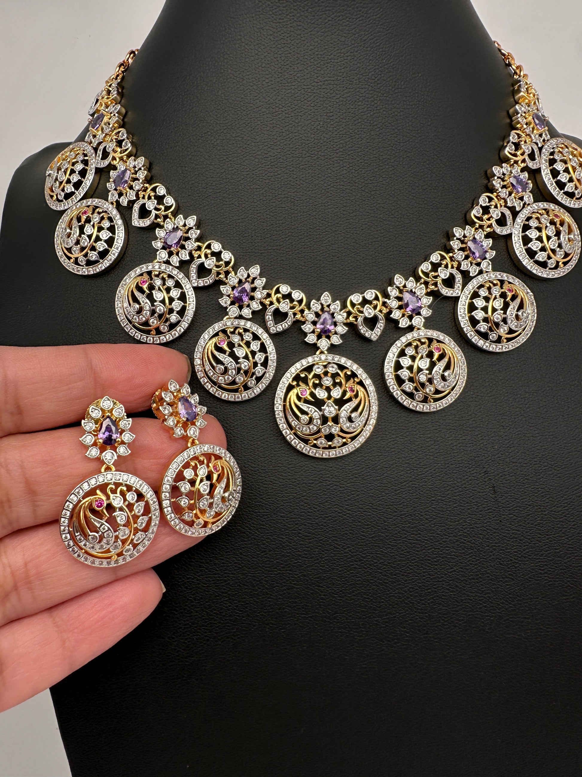 AD  Peacock Bottu Color Stone Short Necklace - Purple