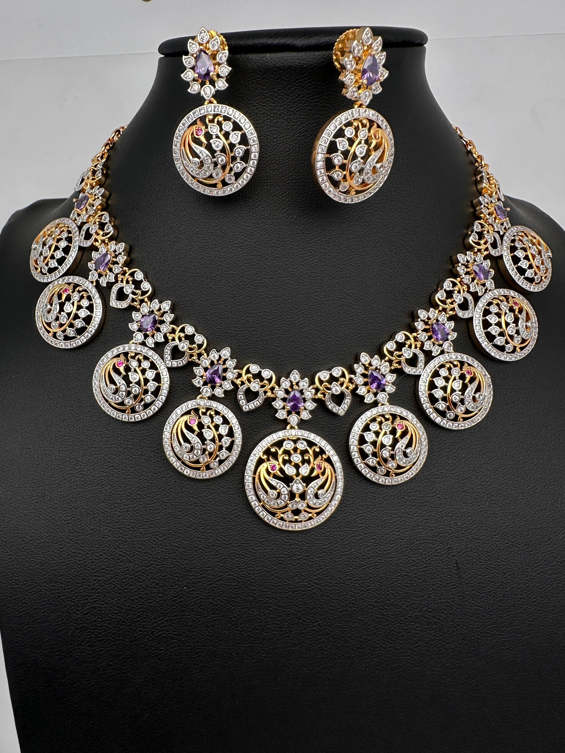 AD  Peacock Bottu Color Stone Short Necklace - Purple