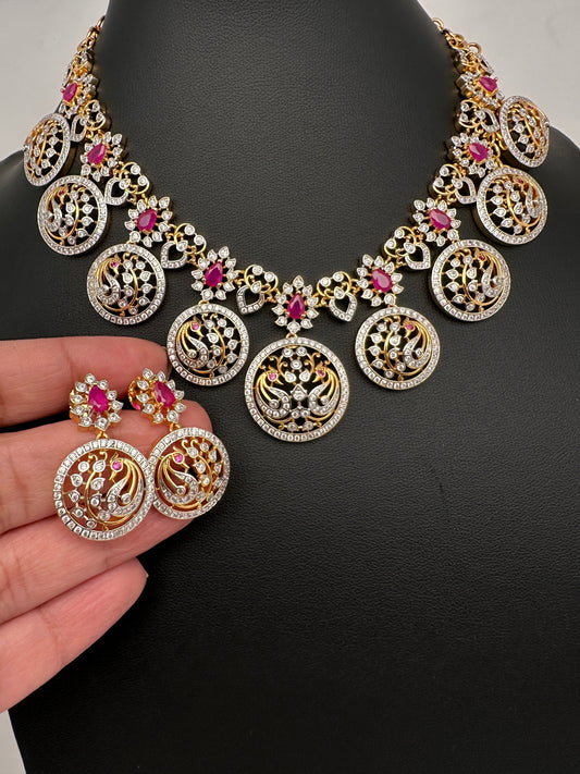 AD  Peacock Bottu Color Stone Short Necklace - Red