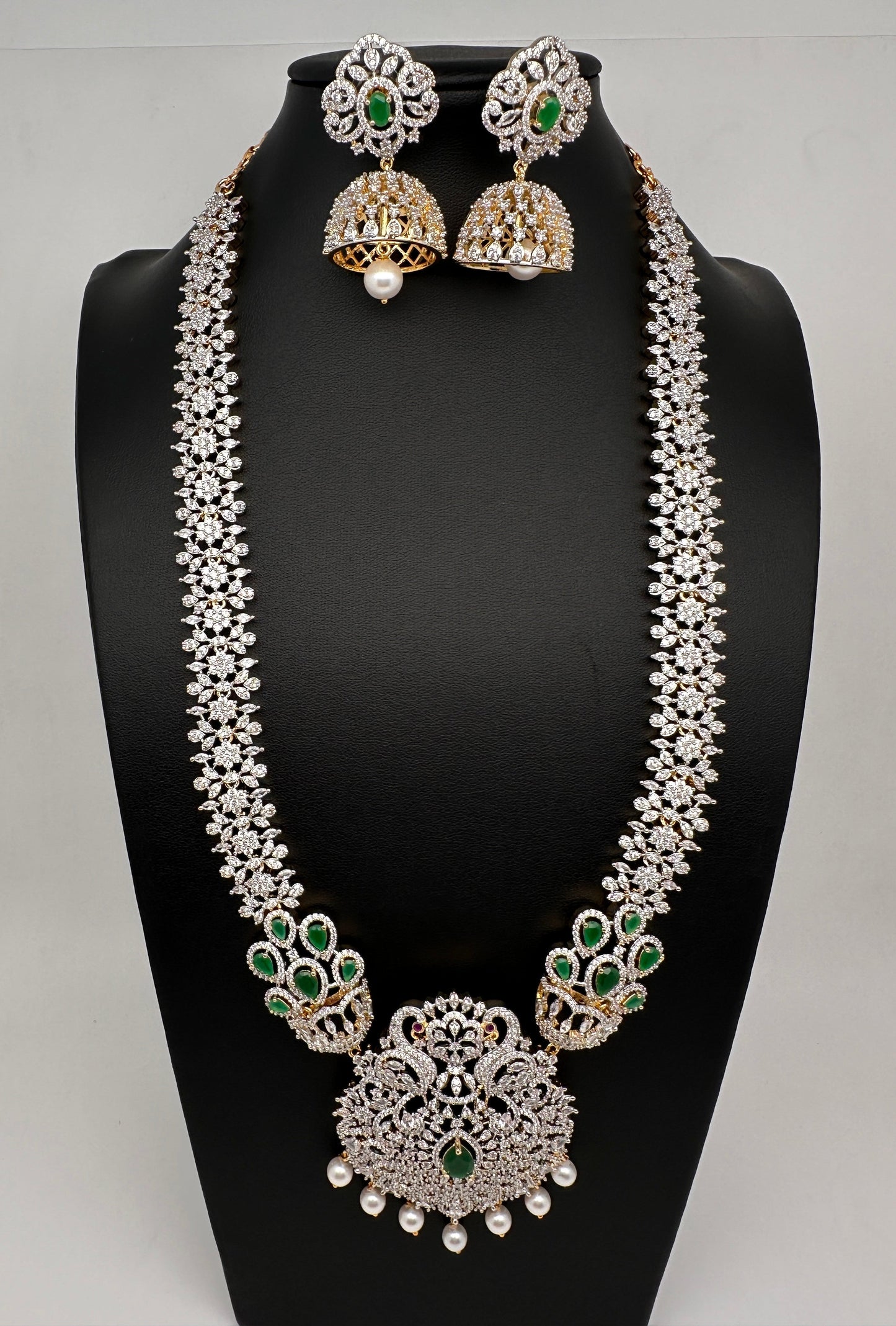 AD  Diamond Finish Color Stone Long Necklace - Green