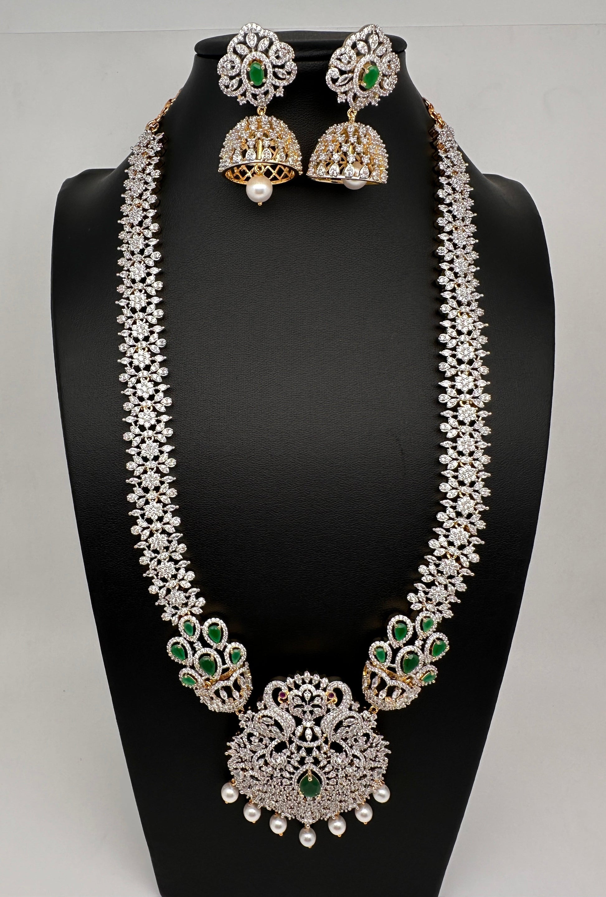 AD  Diamond Finish Color Stone Long Necklace - Green