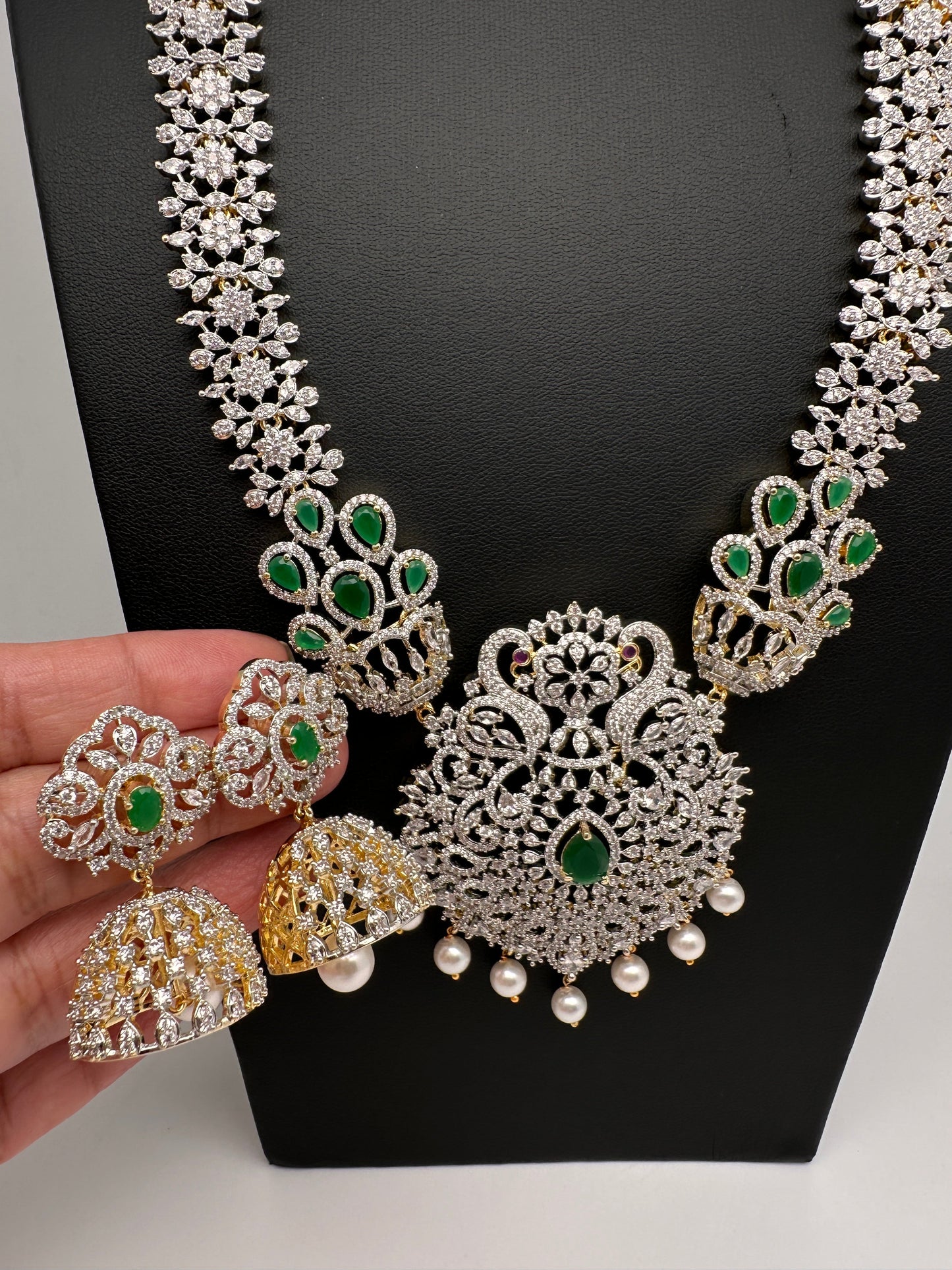 AD  Diamond Finish Color Stone Long Necklace - Green