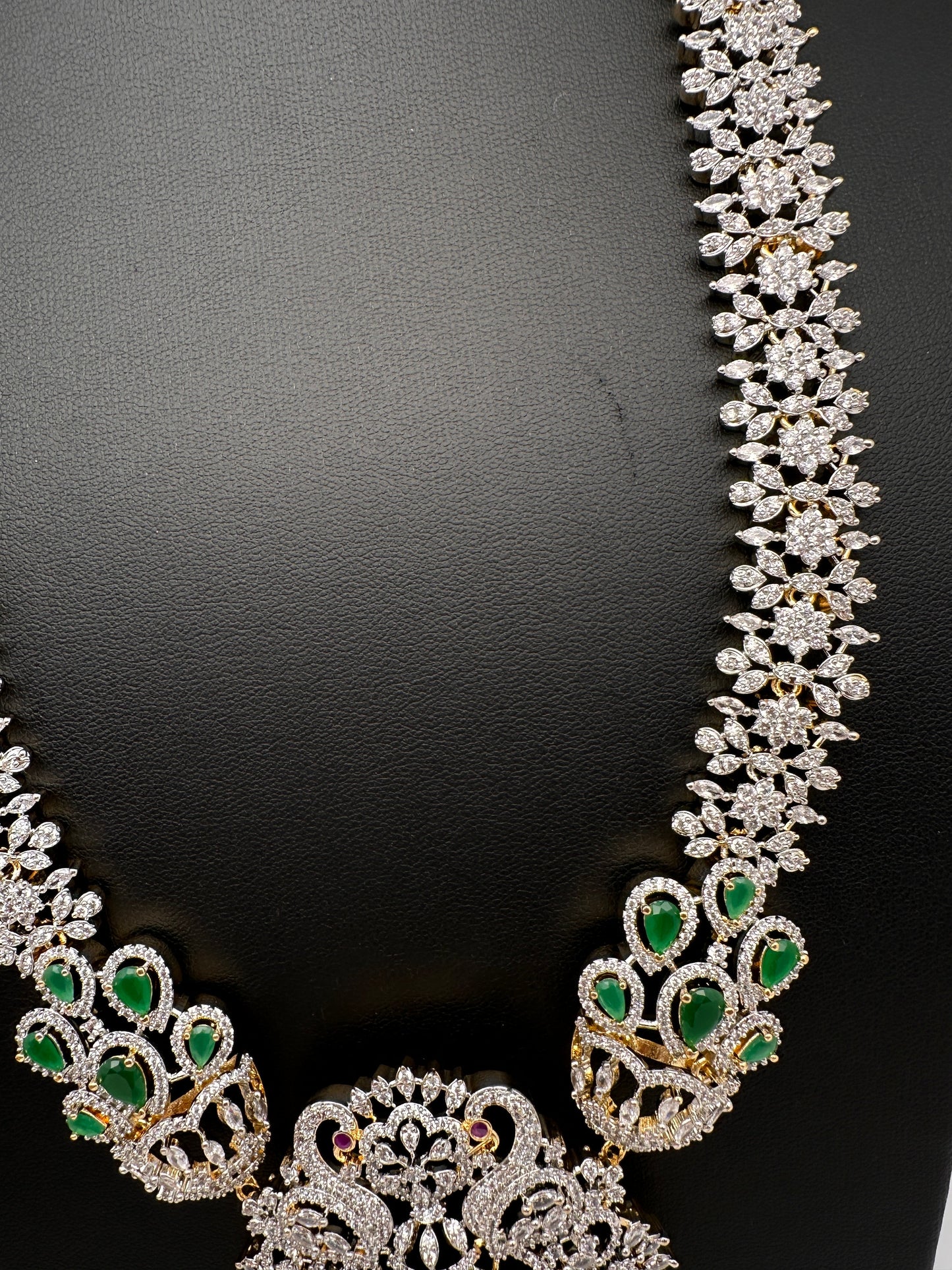 AD  Diamond Finish Color Stone Long Necklace - Green