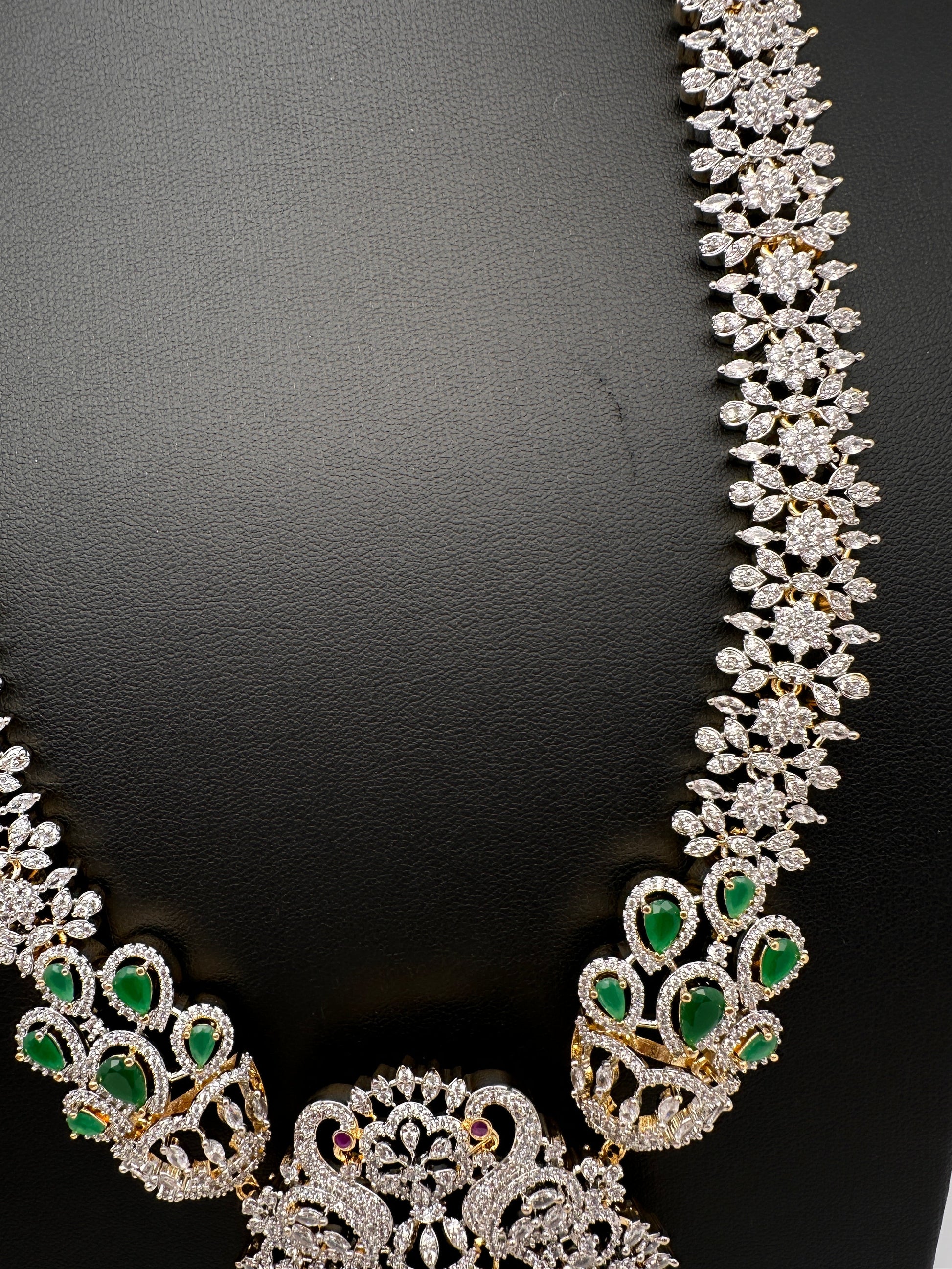 AD  Diamond Finish Color Stone Long Necklace - Green