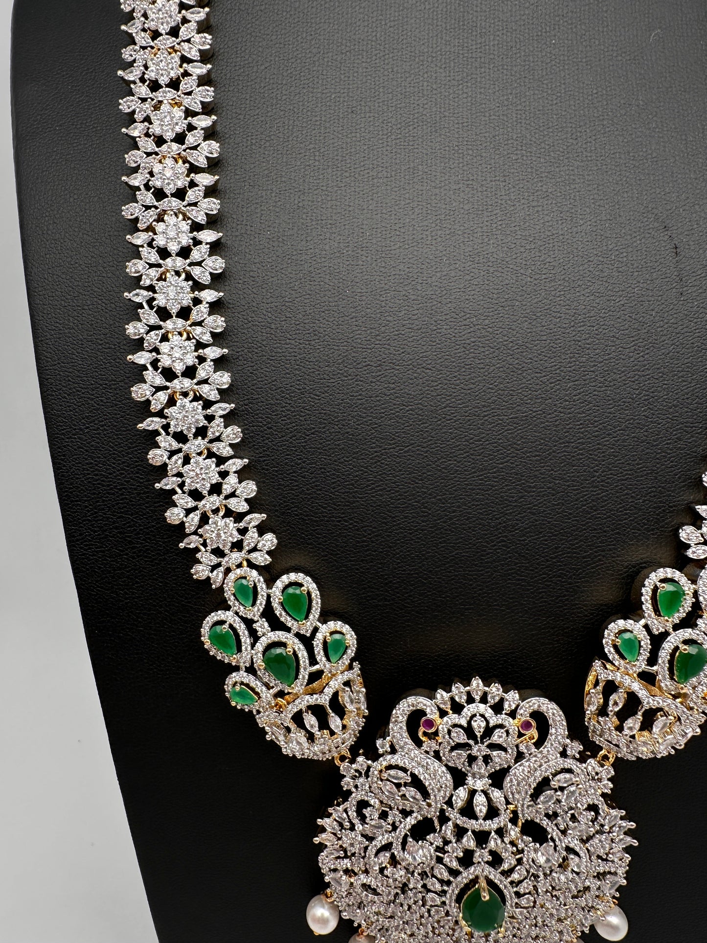 AD  Diamond Finish Color Stone Long Necklace - Green