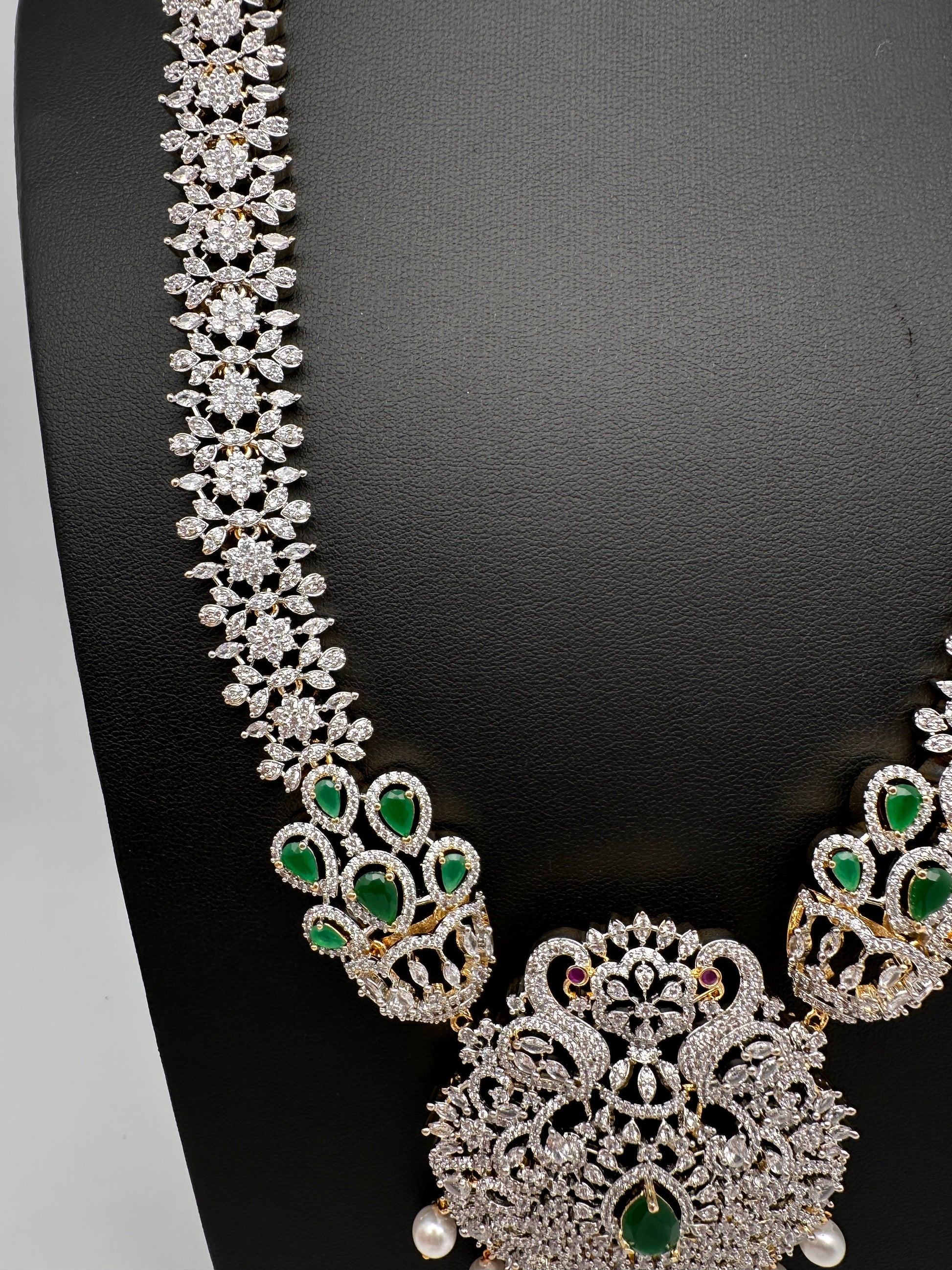 AD  Diamond Finish Color Stone Long Necklace - Green