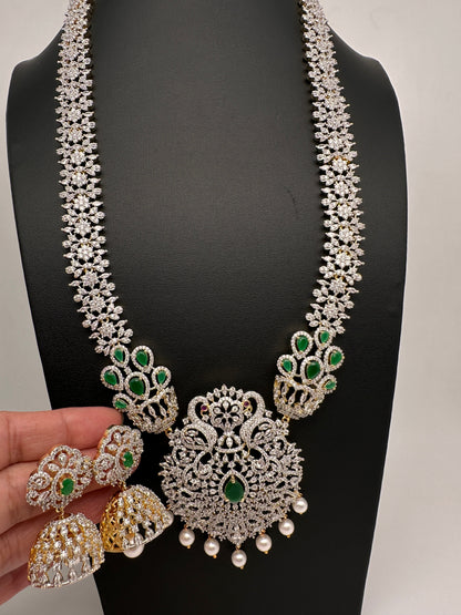 AD  Diamond Finish Color Stone Long Necklace - Green