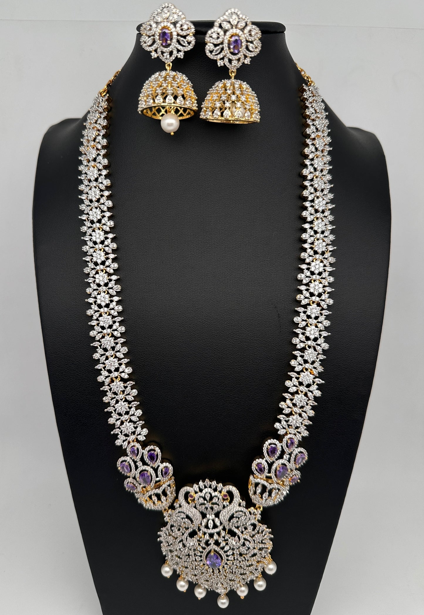 AD  Diamond Finish Color Stone Long Necklace - Purple