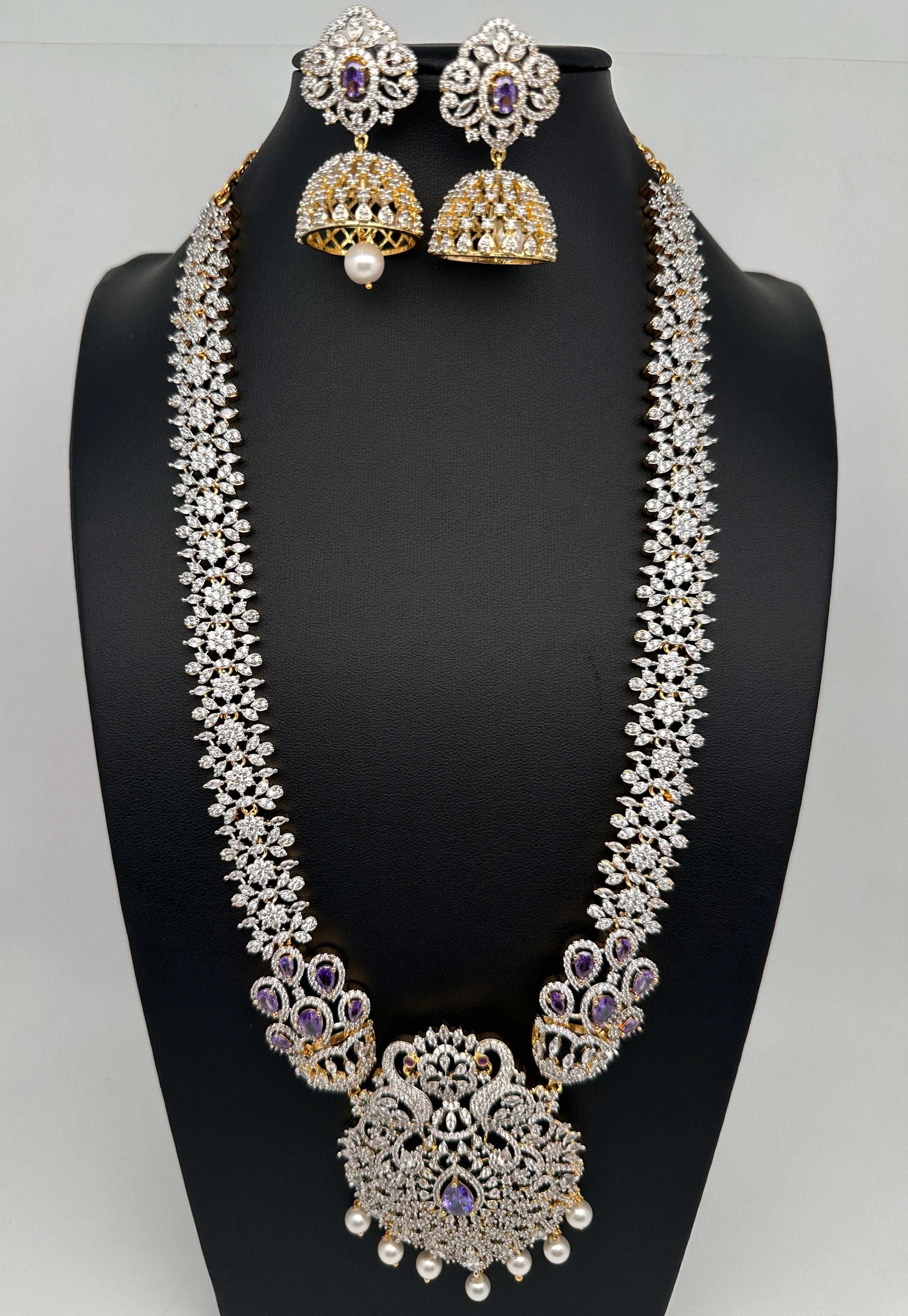 AD  Diamond Finish Color Stone Long Necklace - Purple