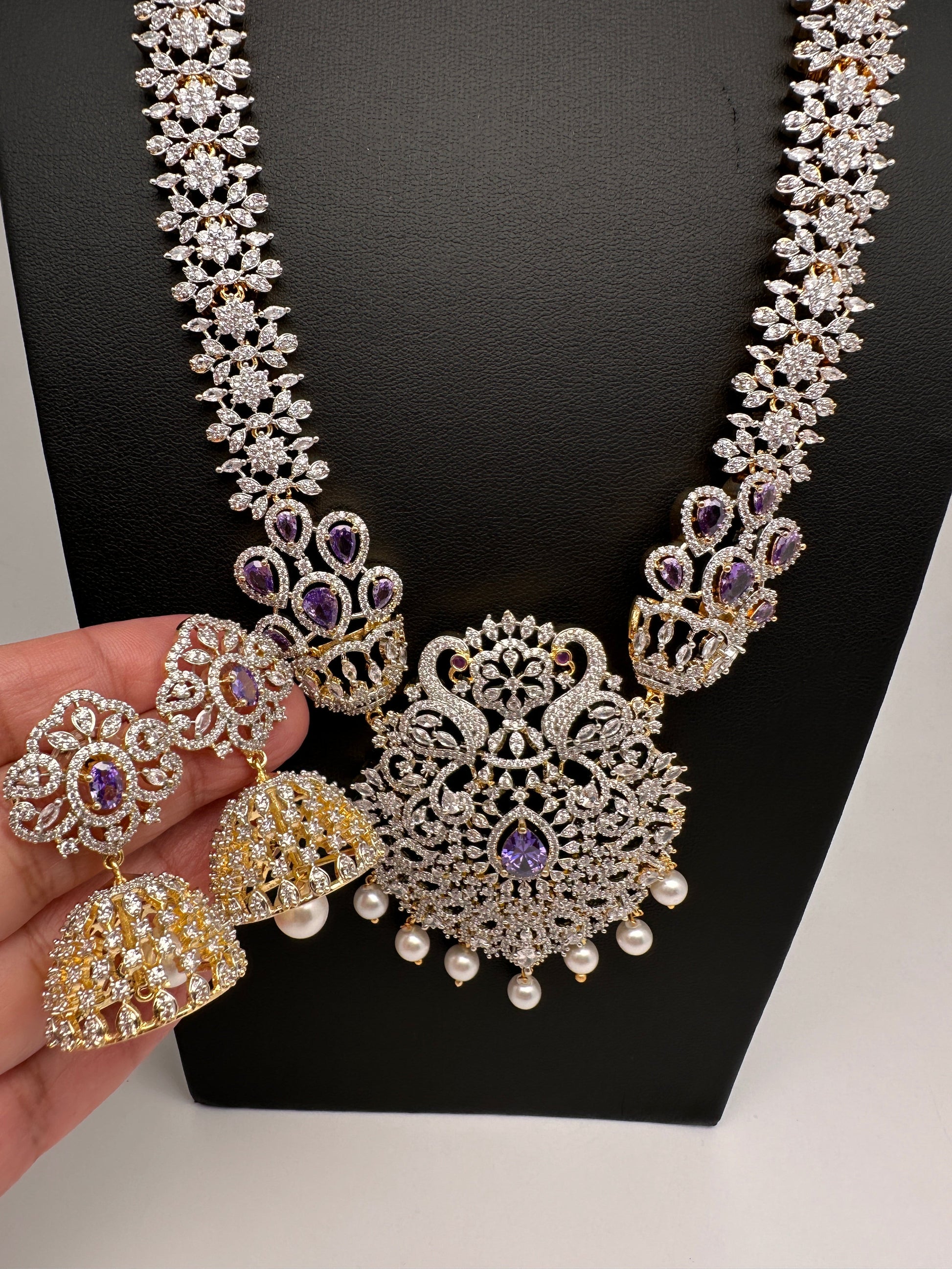 AD  Diamond Finish Color Stone Long Necklace - Purple