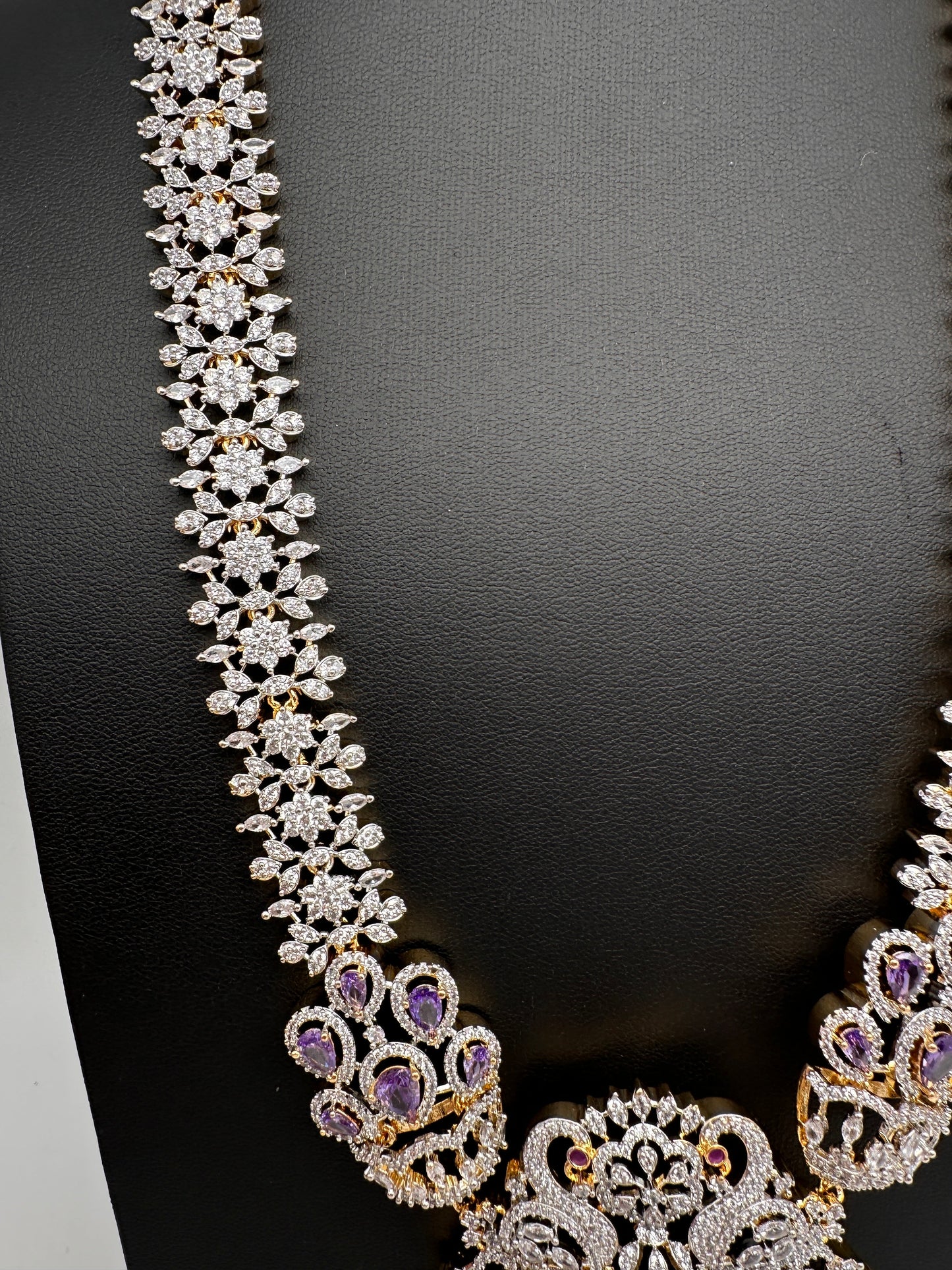 AD  Diamond Finish Color Stone Long Necklace - Purple